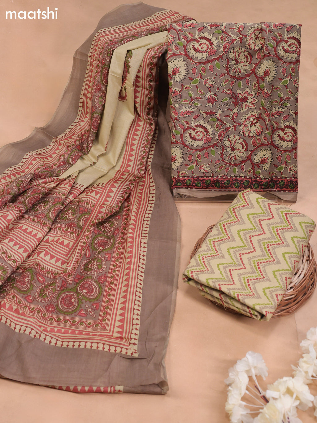Pastel Brown Cotton Dress Material With Allover Kalakari Prints and Bottom & Cotton Dupatta