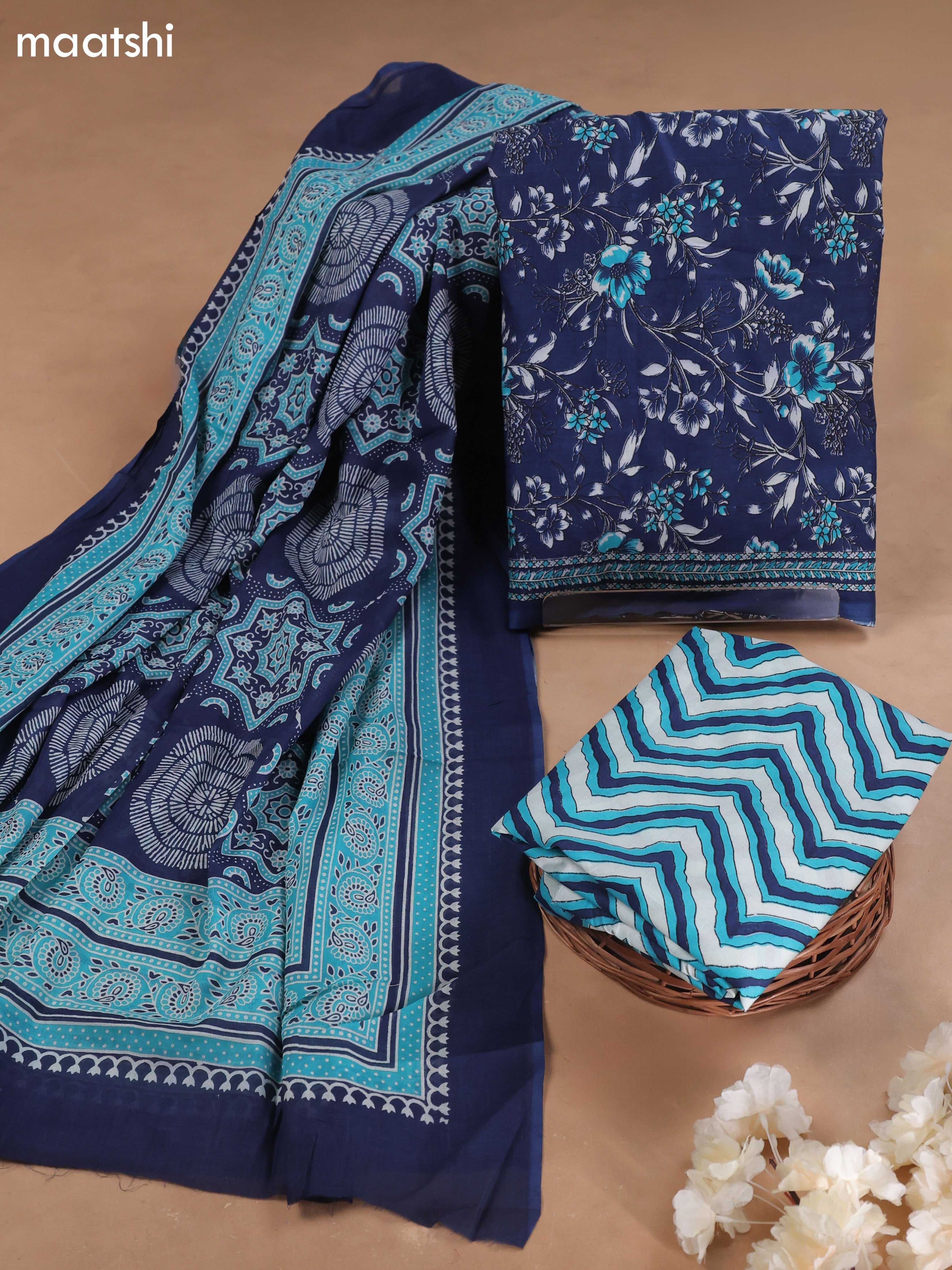 Navy Blue Cotton Dress Material With Floral Prints and Bottom & Cotton Dupatta