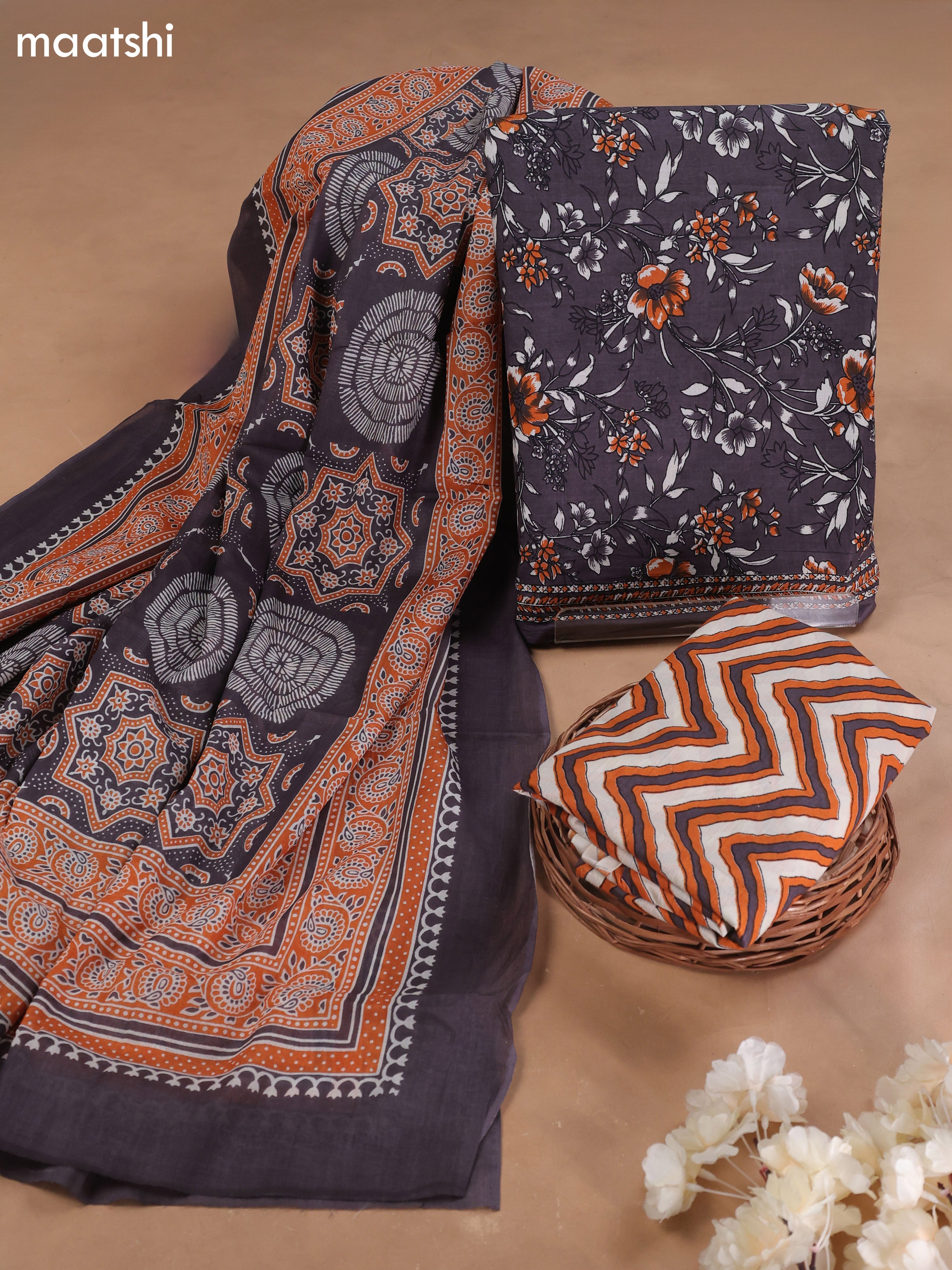 Grey Cotton Dress Material With Floral Prints and Bottom & Cotton Dupatta
