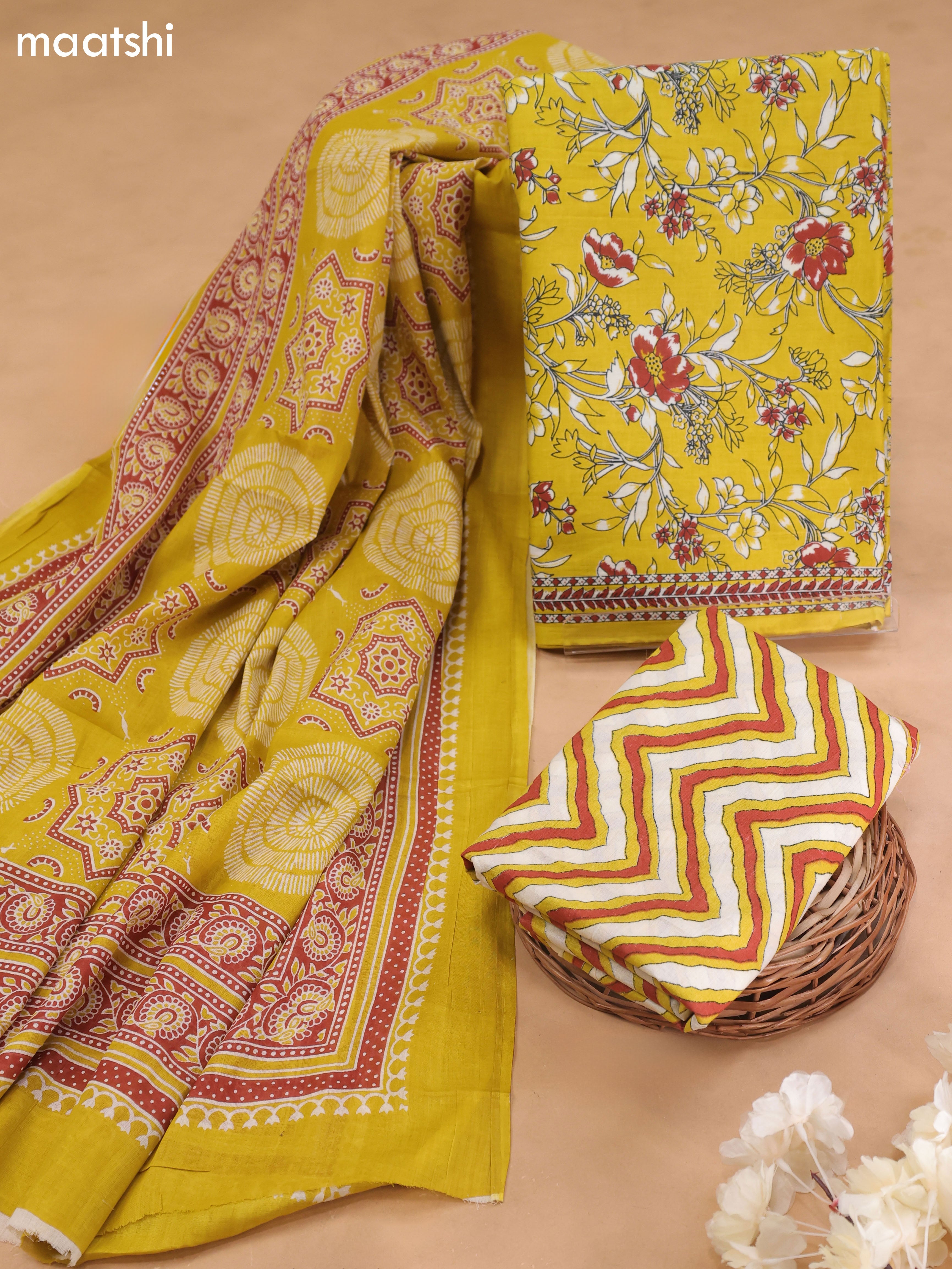 Yellow Cotton Dress Material With Floral Prints and Bottom & Cotton Dupatta