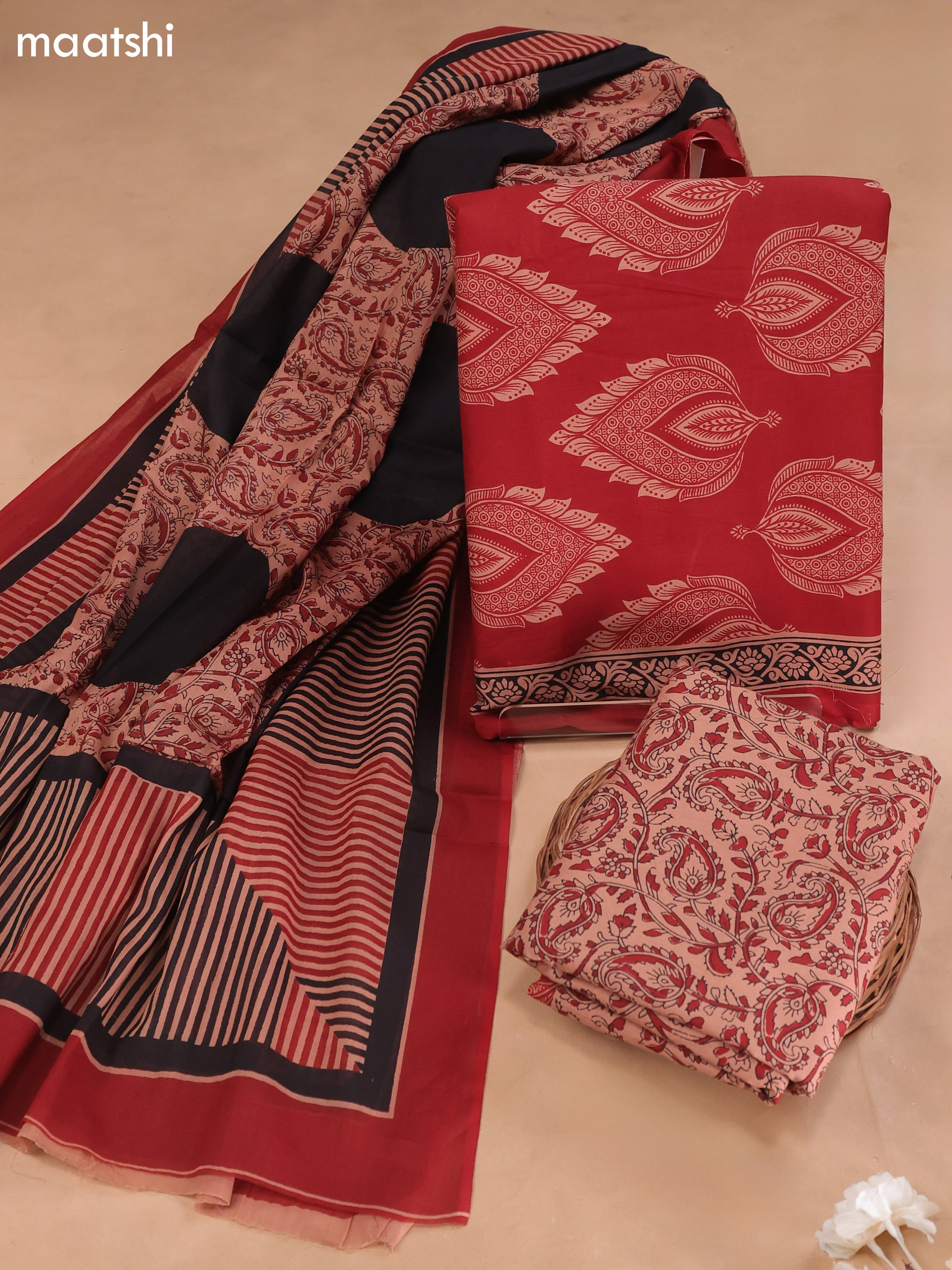 Maroon Cotton Dress Material With Butta Prints and Bottom & Cotton Dupatta
