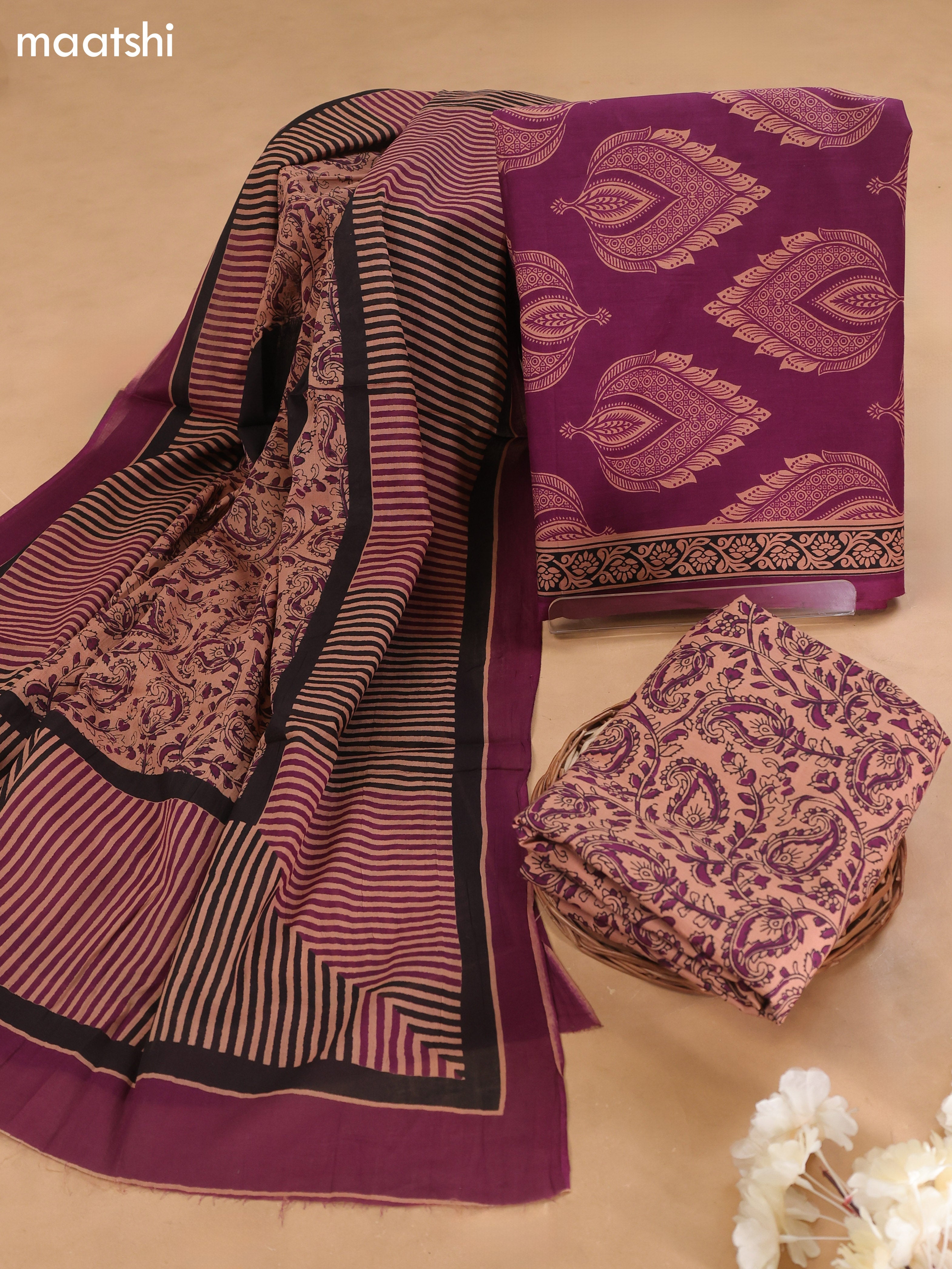 Purple Cotton Dress Material With Butta Prints and Bottom & Cotton Dupatta
