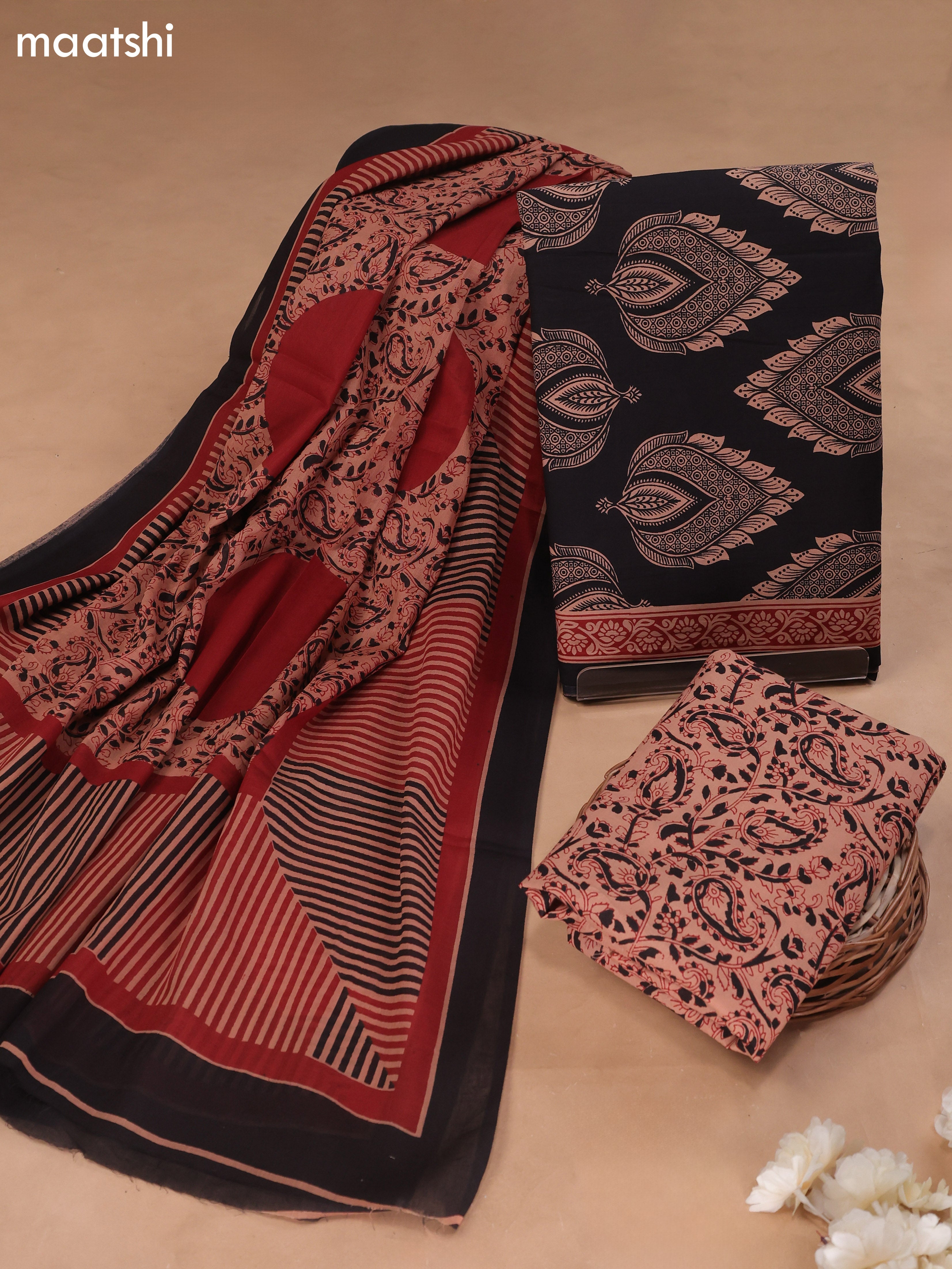 Black Cotton Dress Material With Butta Prints and Bottom & Cotton Dupatta