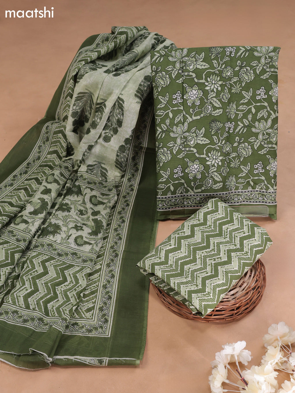 Green Cotton Dress Material With Allover Floral Prints and Bottom & Cotton Dupatta