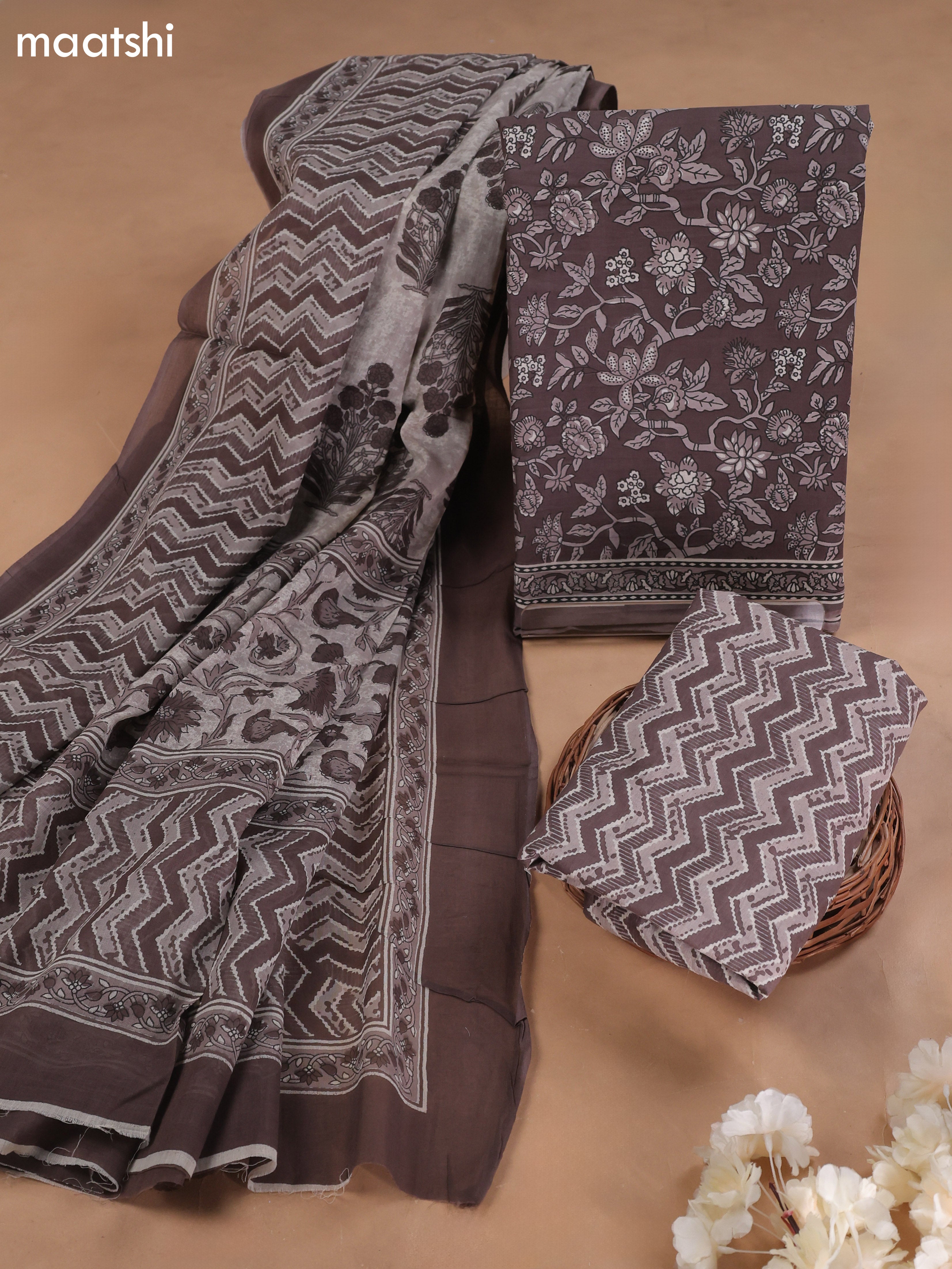 Grey Cotton Dress Material With Allover Floral Prints and Bottom & Cotton Dupatta