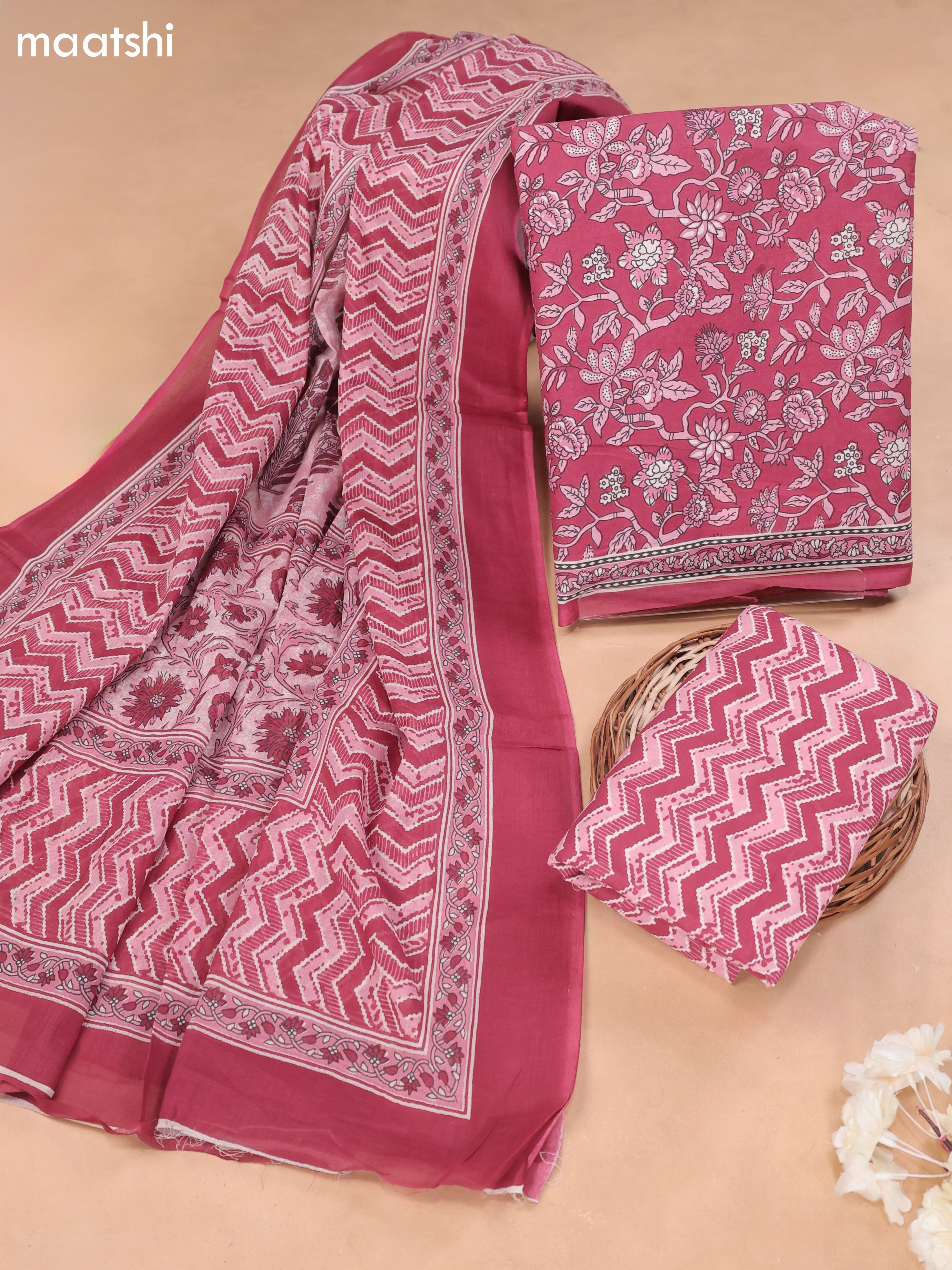 Mauve Pink Cotton Dress Material With Allover Floral Prints and Bottom & Cotton Dupatta