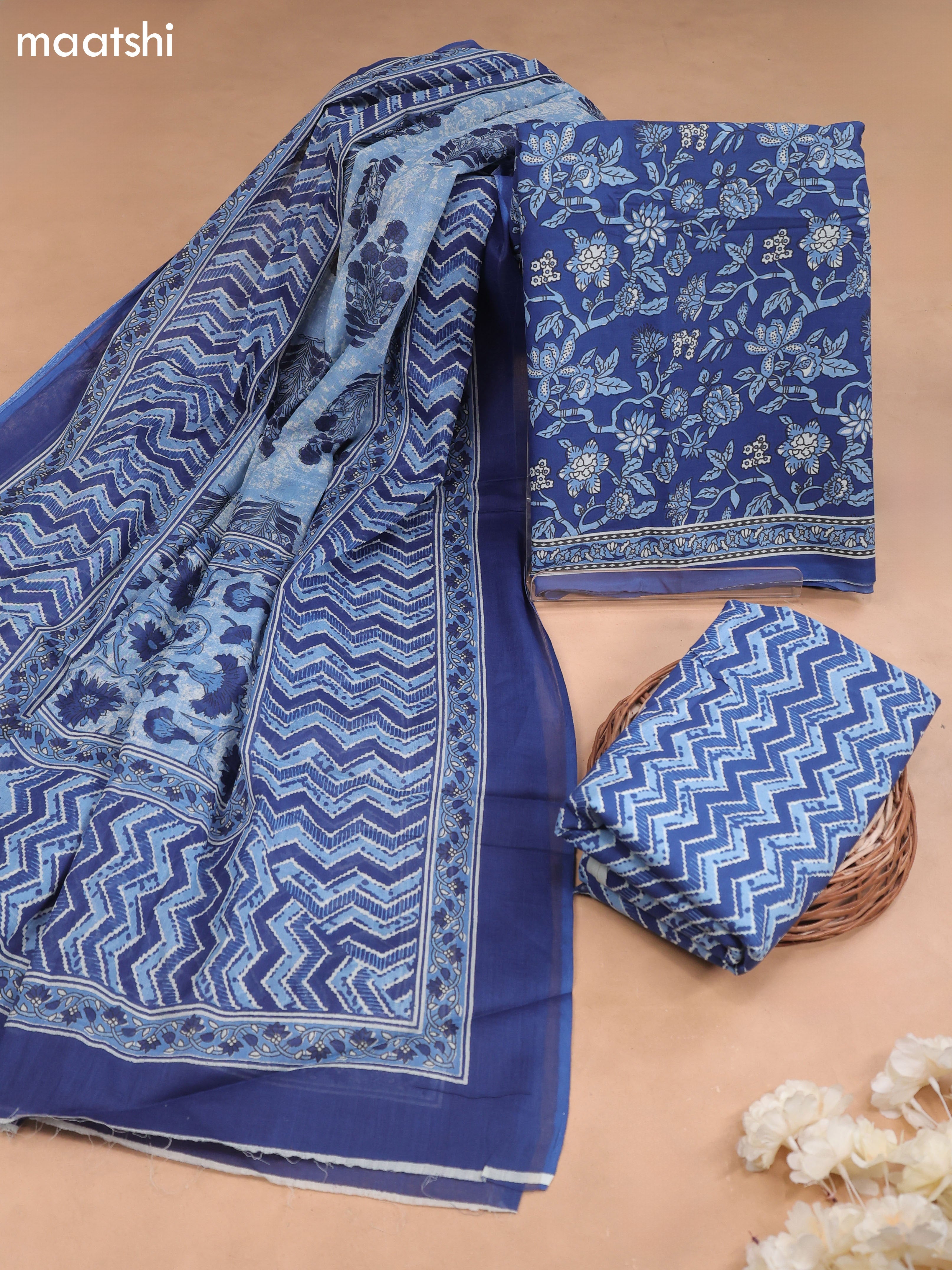 Navy Blue Cotton Dress Material With Allover Floral Prints and Bottom & Cotton Dupatta