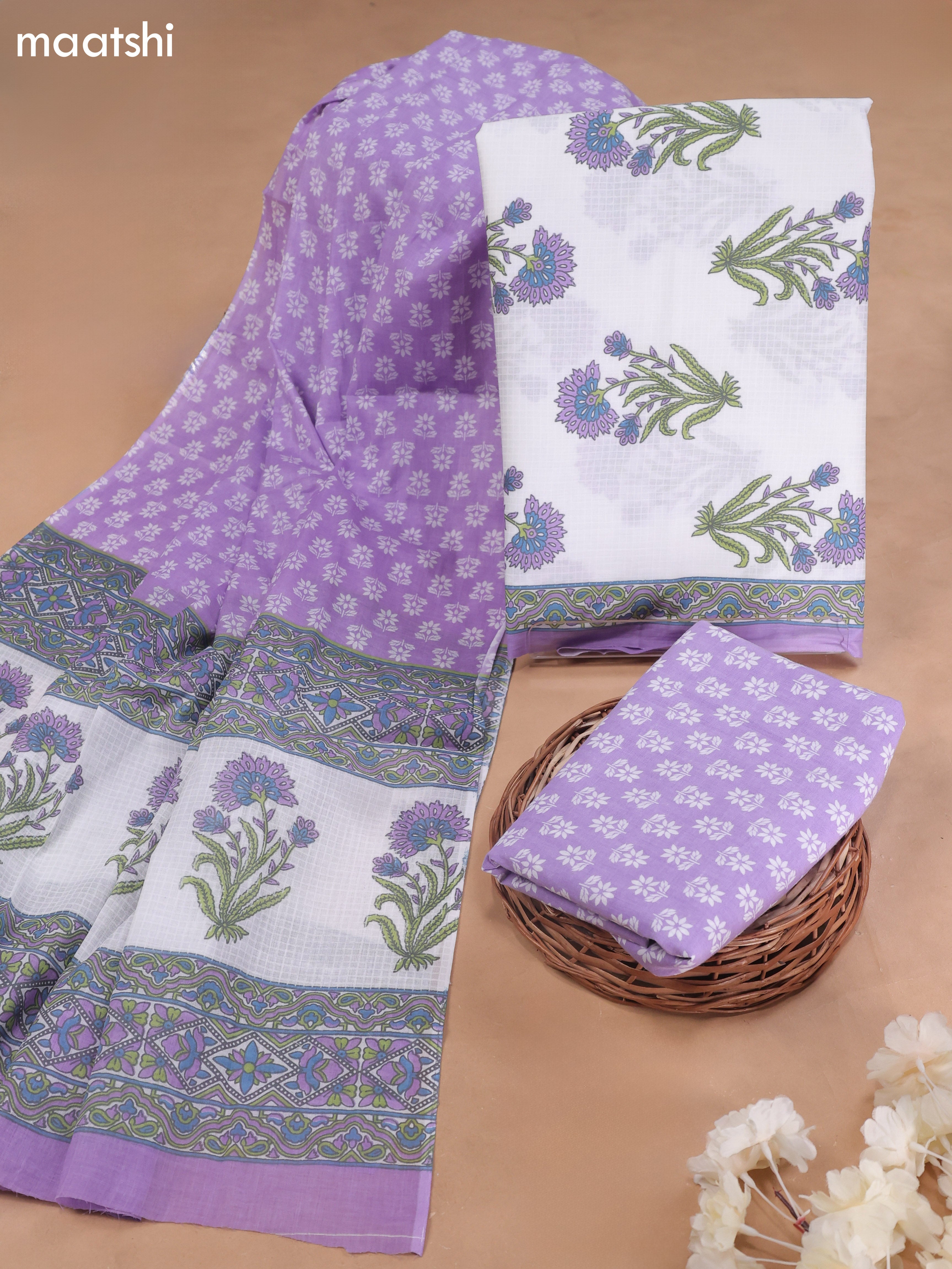 Off White and Lavender Cotton Dress Material With Butta Prints and Bottom & Cotton Dupatta