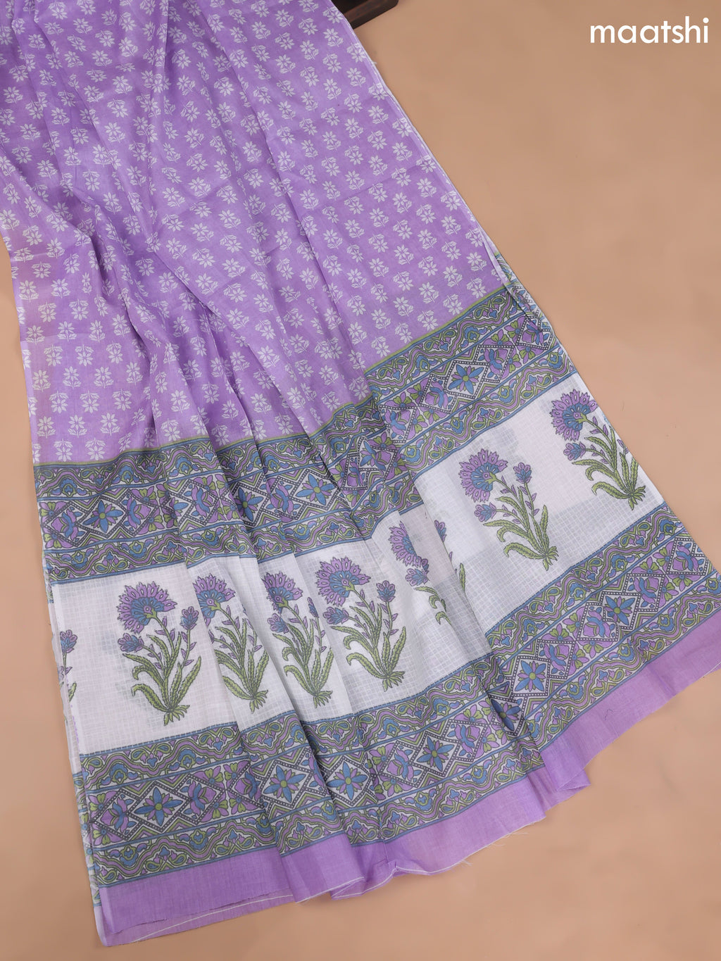 Off White and Lavender Cotton Dress Material With Butta Prints and Bottom & Cotton Dupatta
