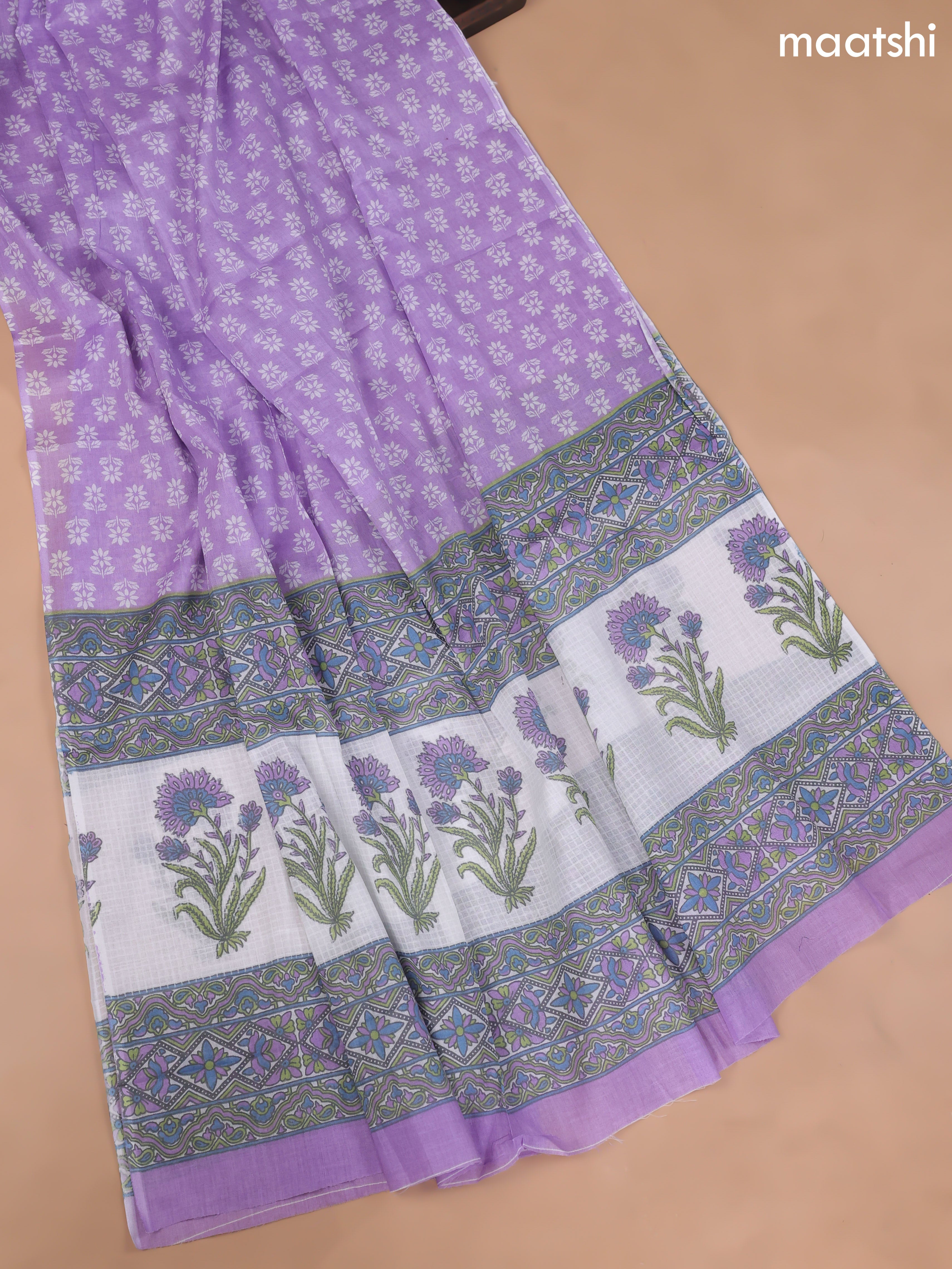 Off White and Lavender Cotton Dress Material With Butta Prints and Bottom & Cotton Dupatta