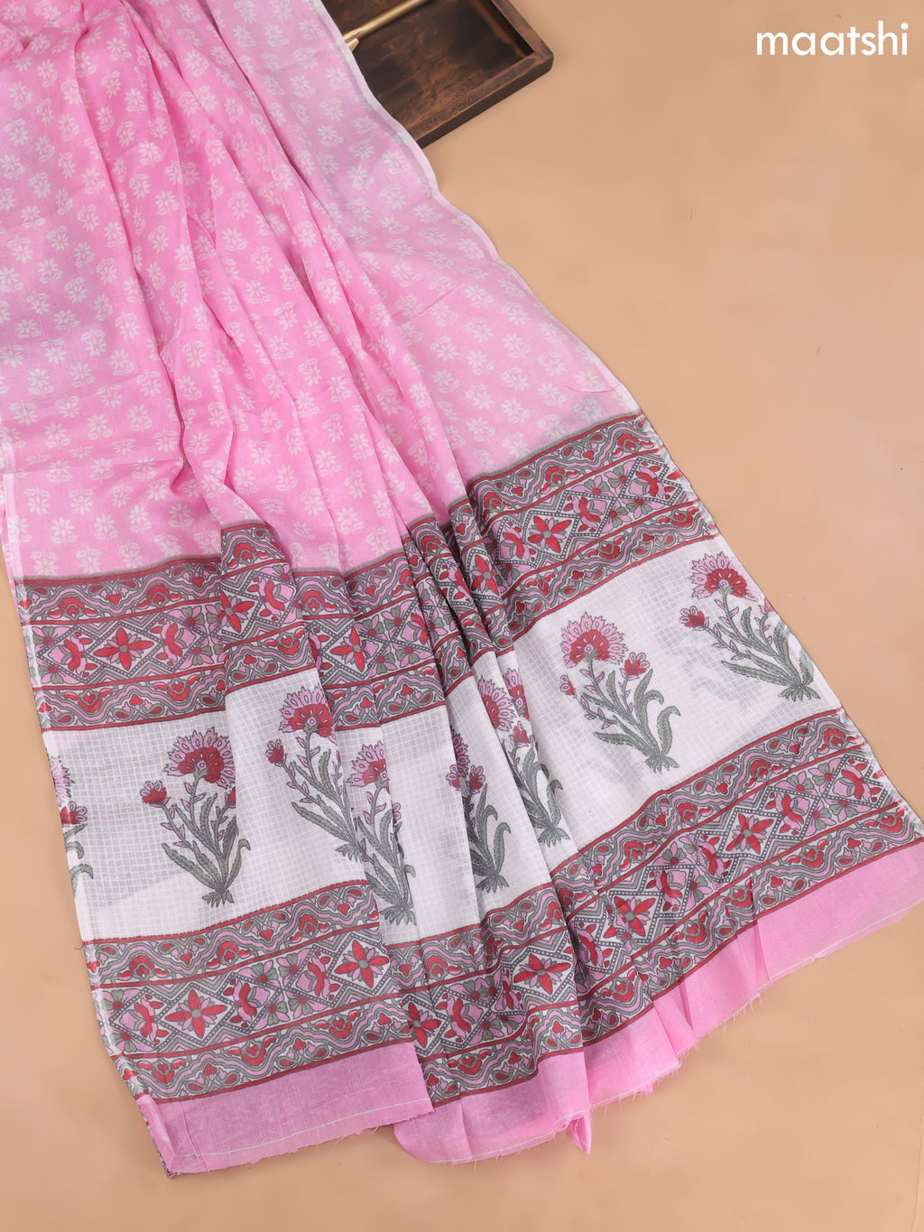 Off White and Pink Cotton Dress Material With Butta Prints and Bottom & Cotton Dupatta