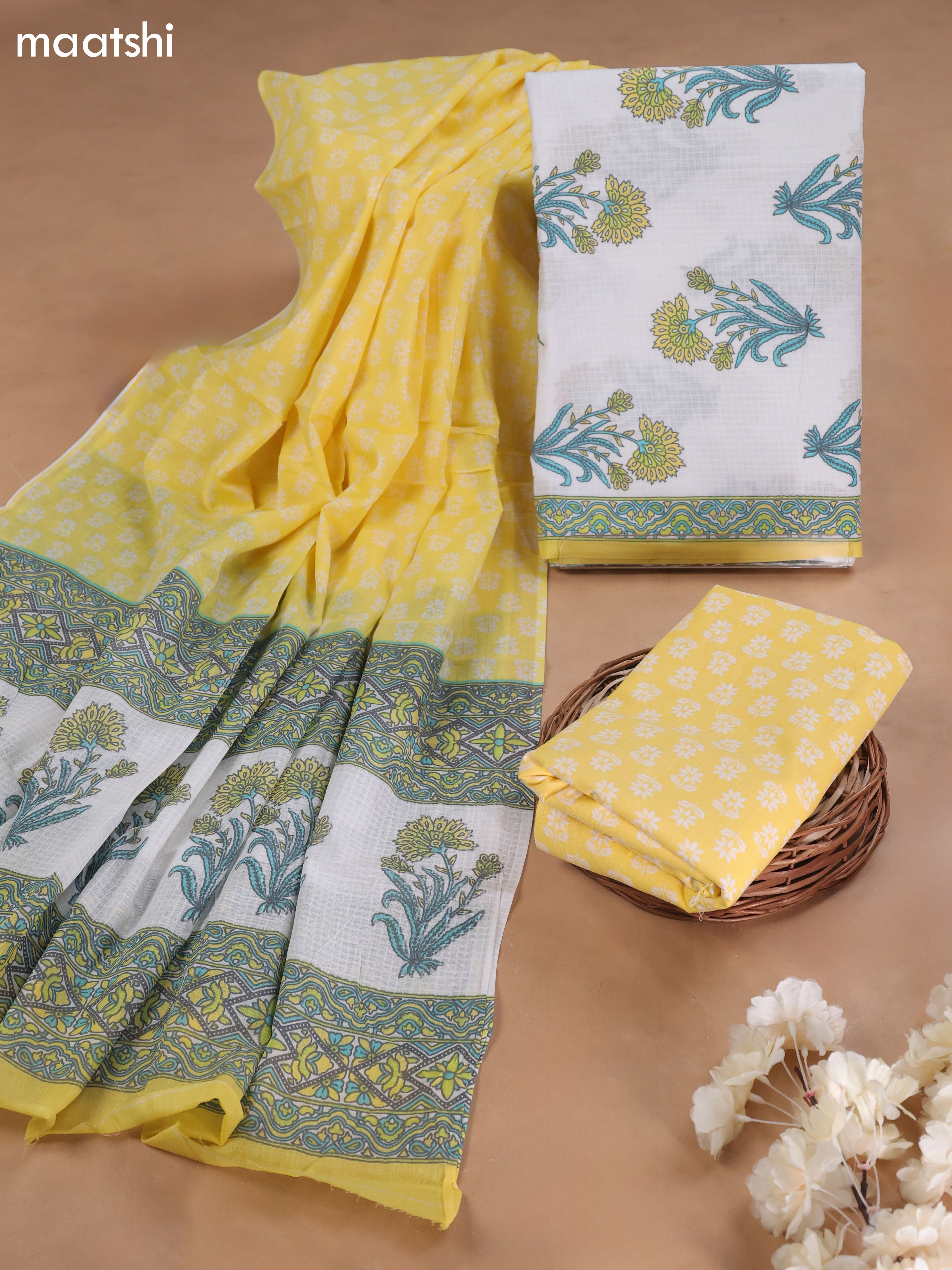 Off White and Yellow Cotton Dress Material With Butta Prints and Bottom & Cotton Dupatta