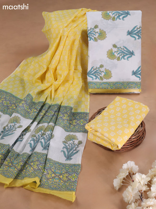 Off White and Yellow Cotton Dress Material With Butta Prints and Bottom & Cotton Dupatta
