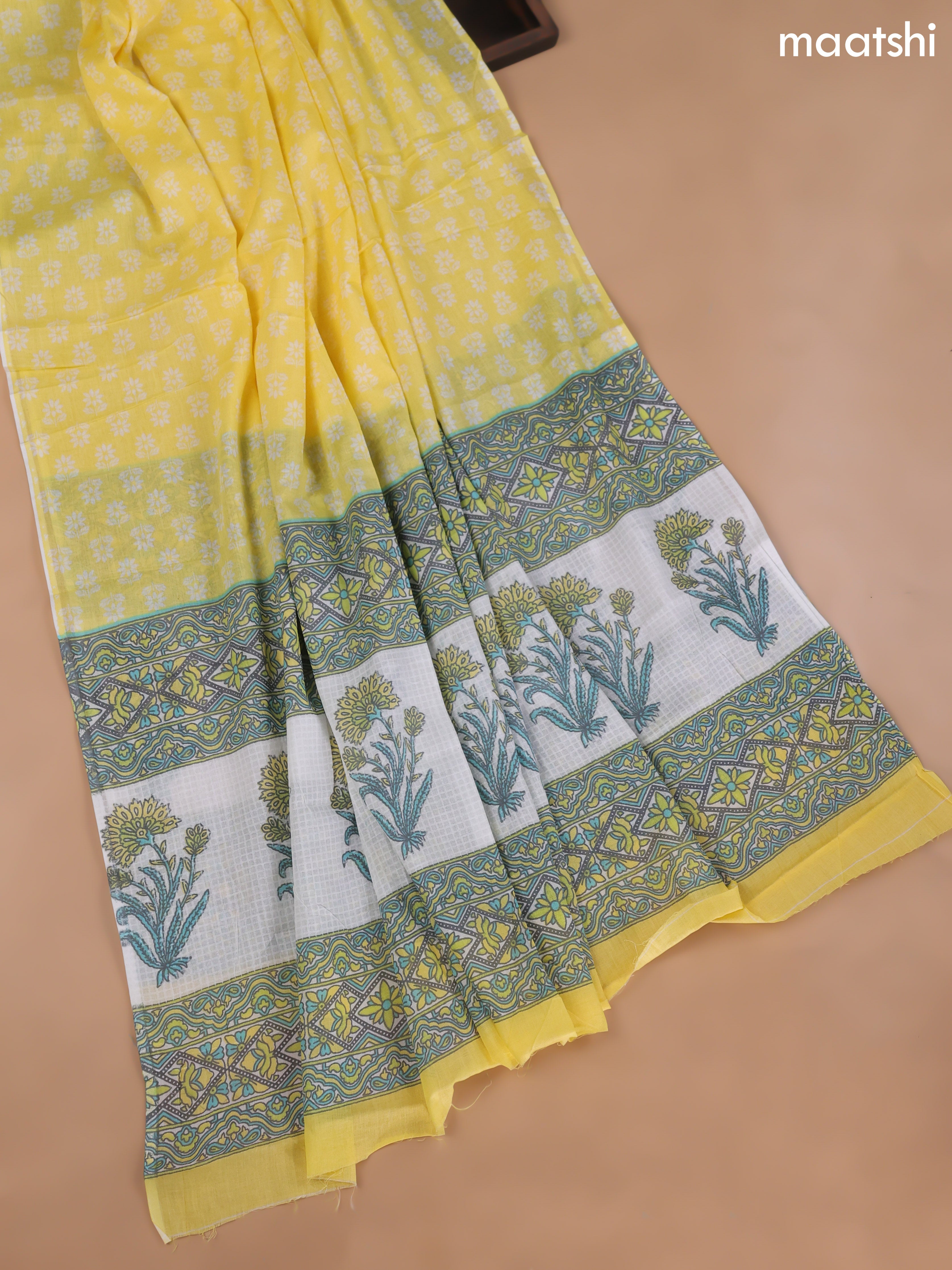 Off White and Yellow Cotton Dress Material With Butta Prints and Bottom & Cotton Dupatta