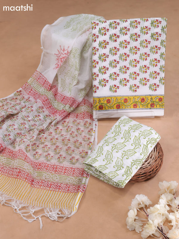 Off White and Yellow Cotton Dress Material With Butta Prints and Bottom & Kota Dupatta