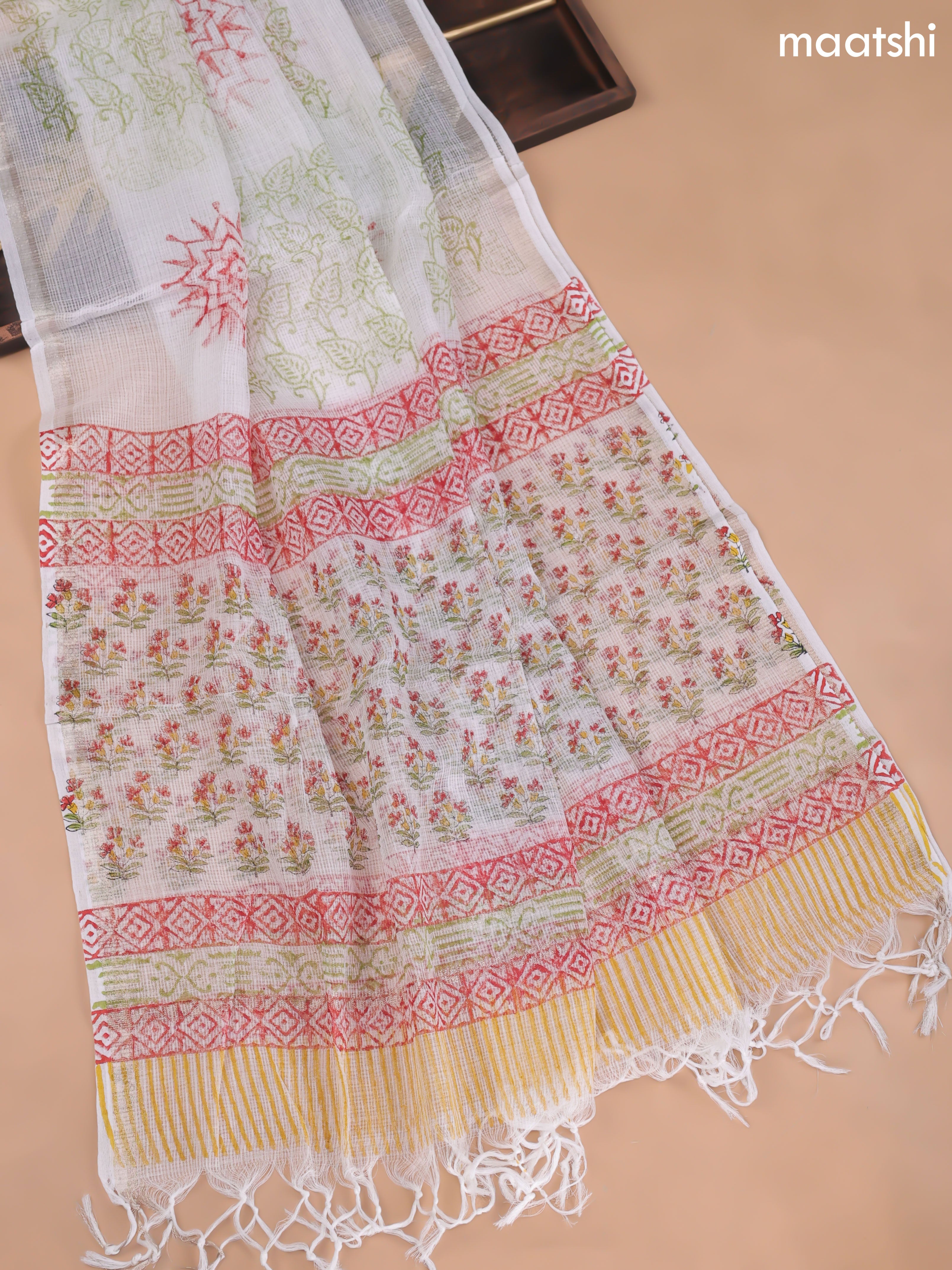 Off White and Yellow Cotton Dress Material With Butta Prints and Bottom & Kota Dupatta