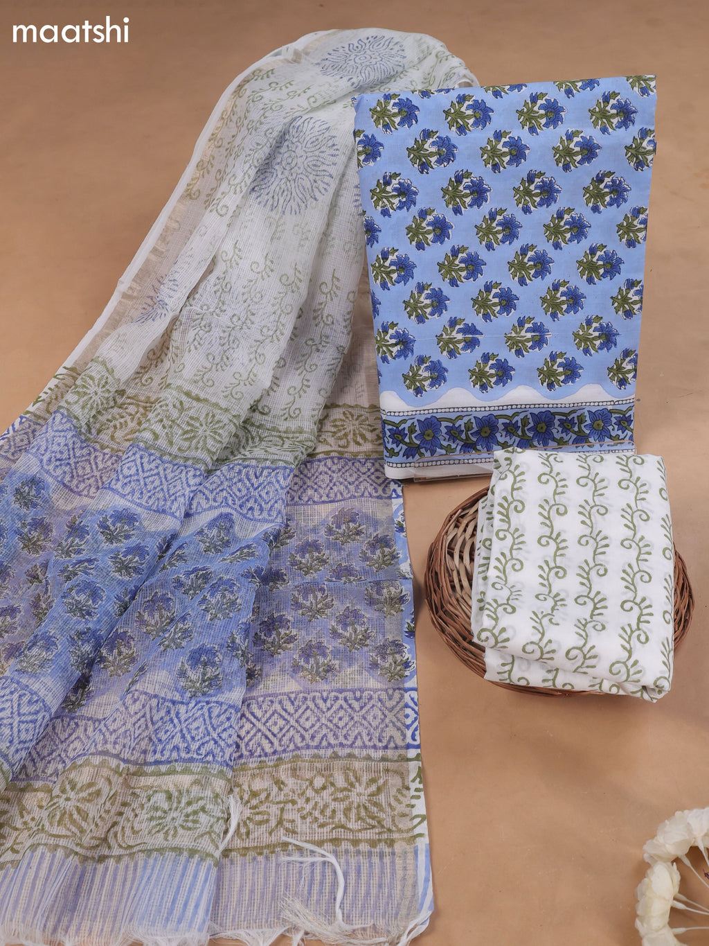 Off White and Blue Cotton Dress Material With Floral Prints and Bottom & Kota Dupatta