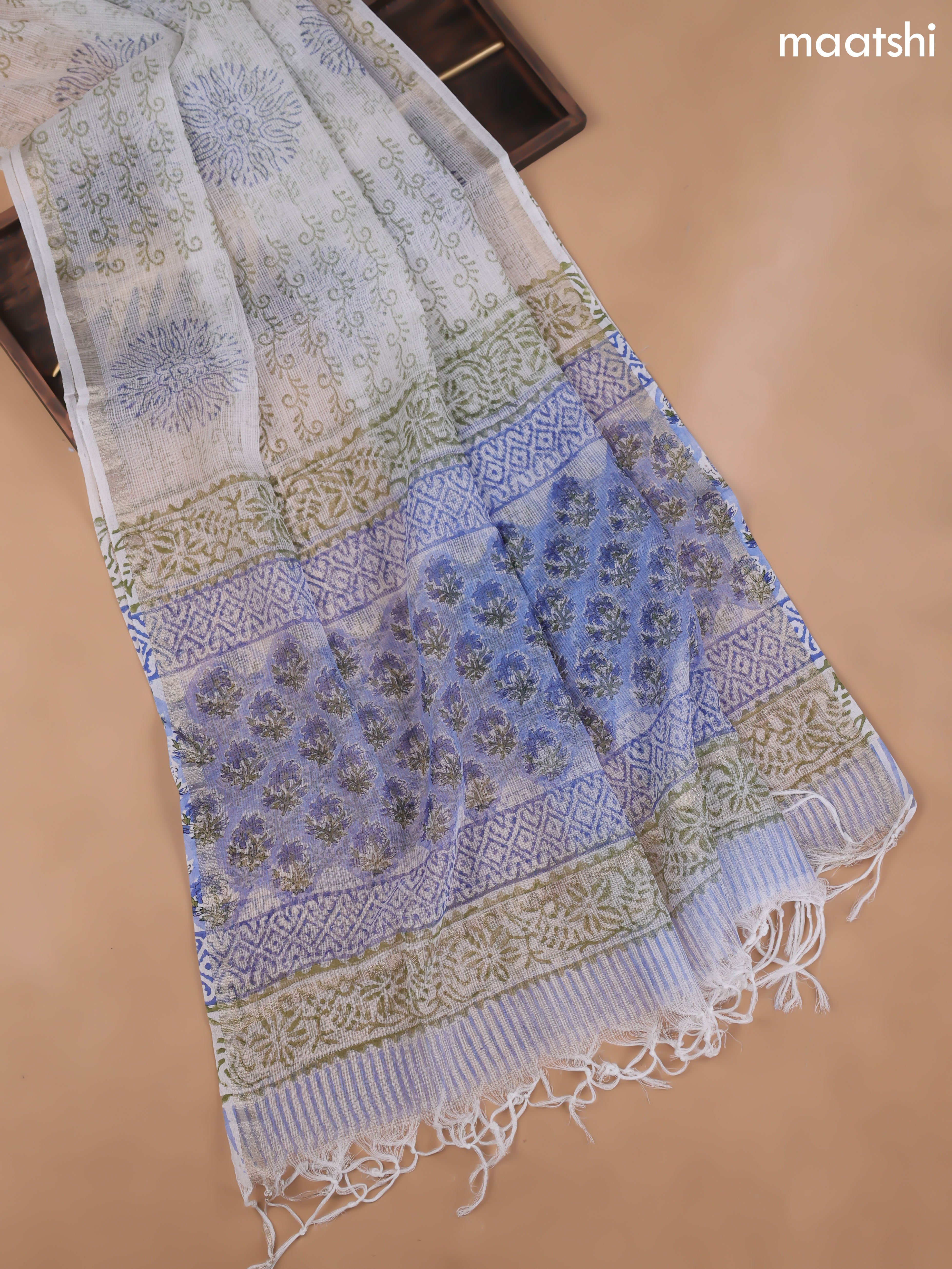 Off White and Blue Cotton Dress Material With Floral Prints and Bottom & Kota Dupatta
