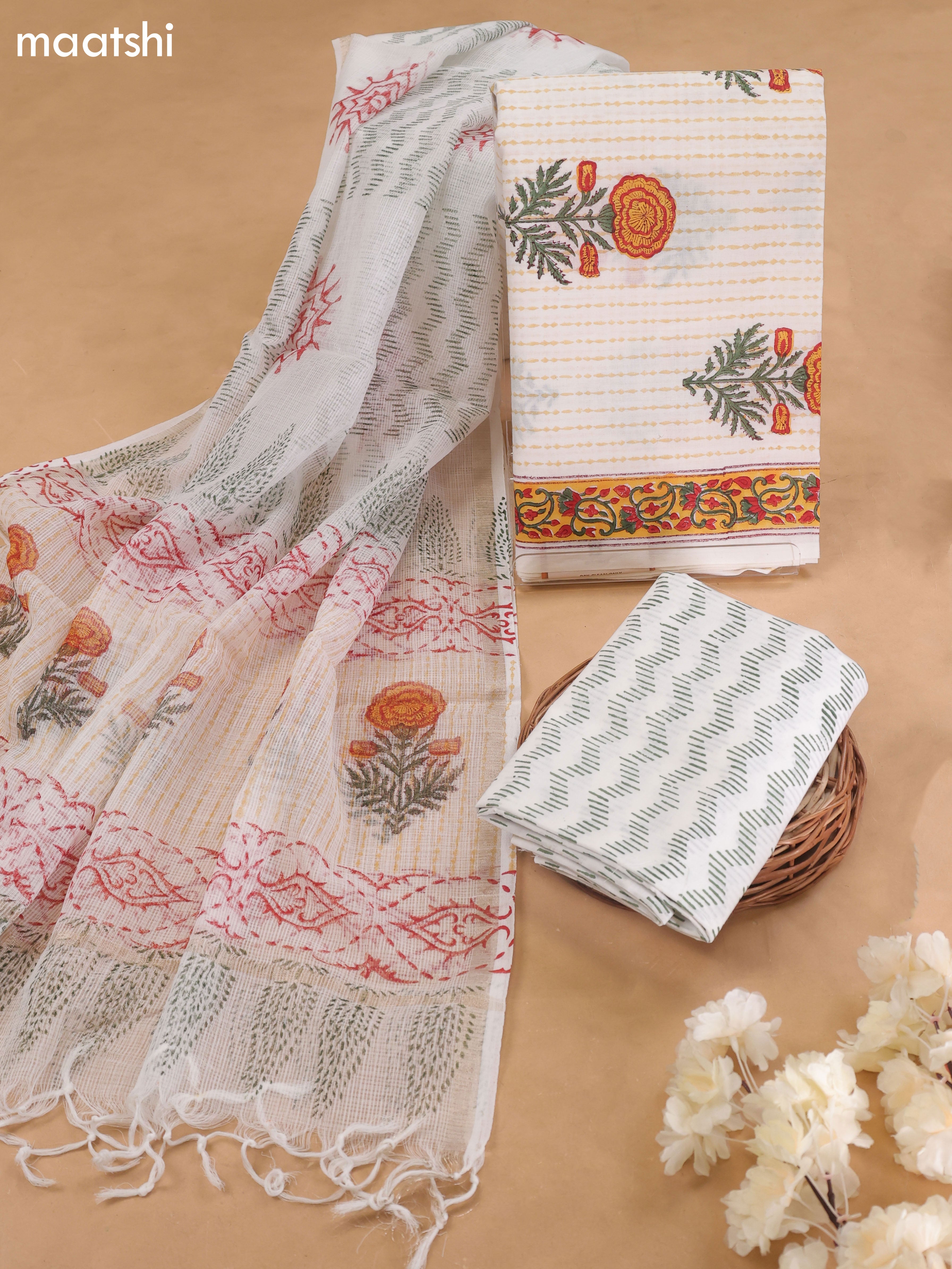 Off White and Yellow Cotton Dress Material With Floral Prints and Bottom & Kota Dupatta