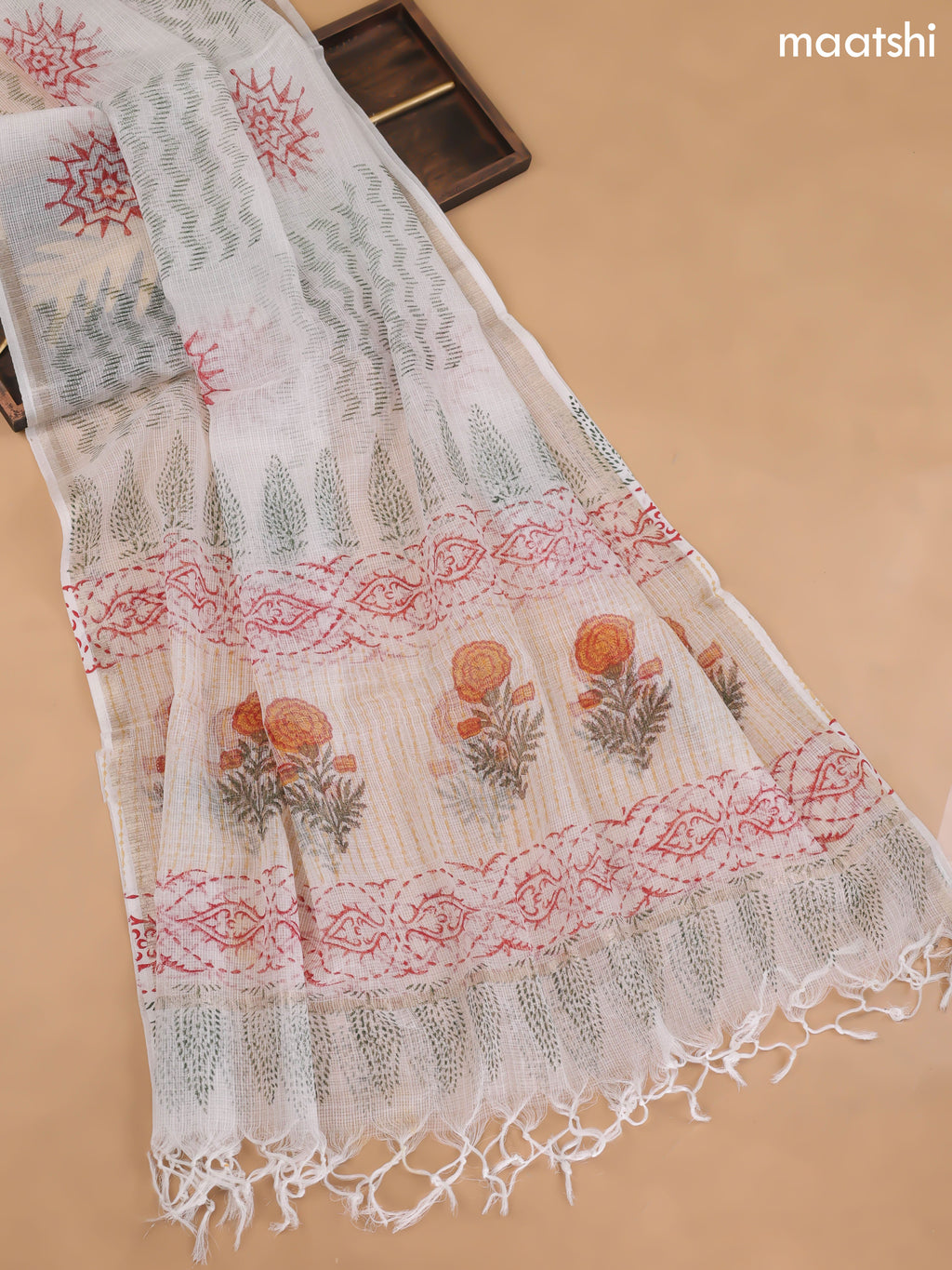 Off White and Yellow Cotton Dress Material With Floral Prints and Bottom & Kota Dupatta