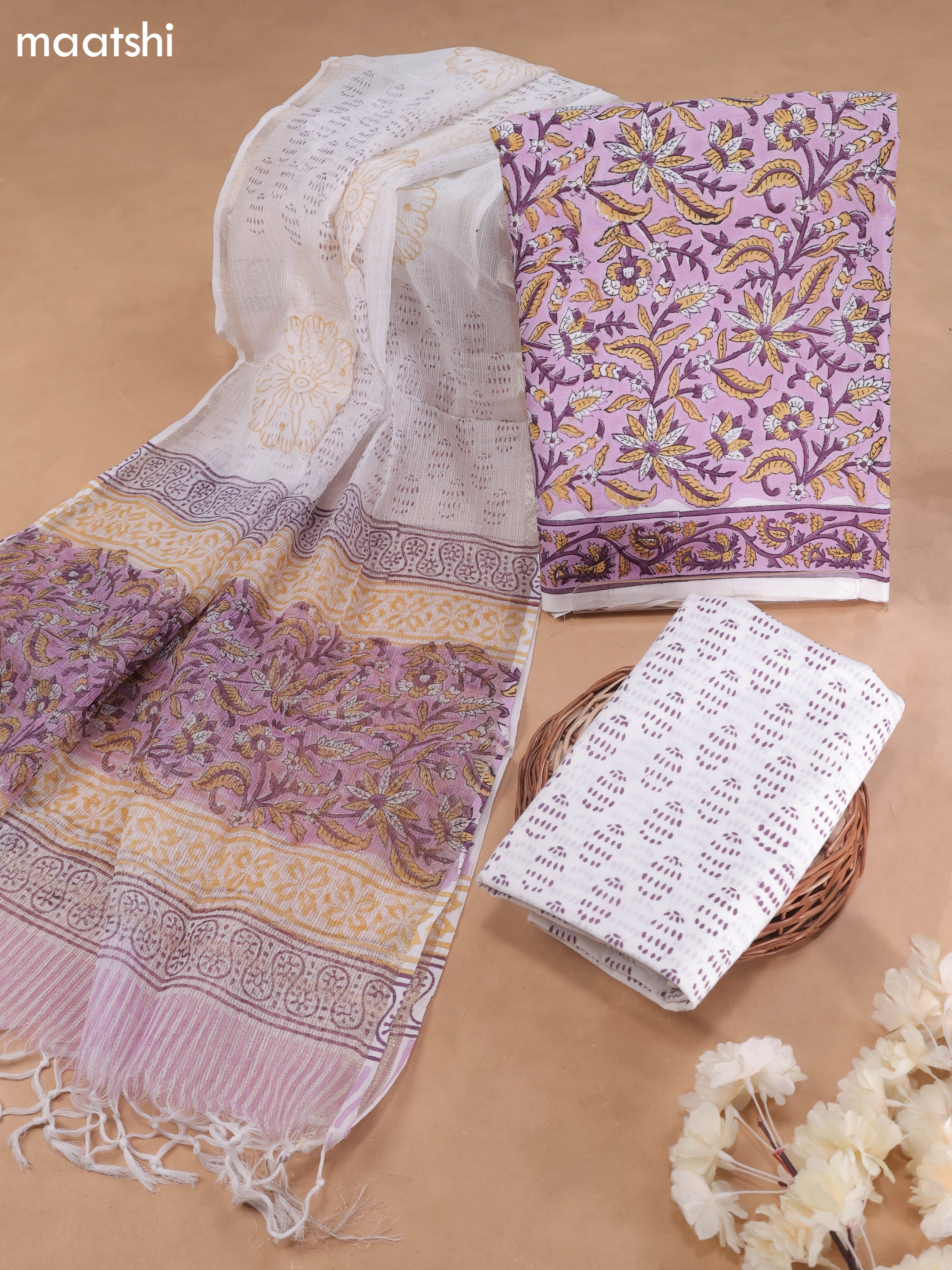 Lavender and Off White Cotton Dress Material With Allover Floral Prints and Bottom & Kota Dupatta