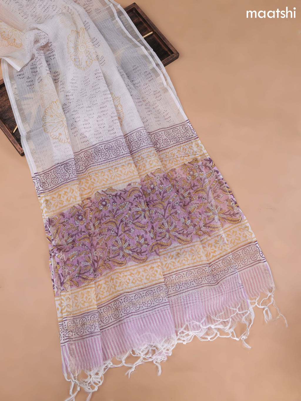 Lavender and Off White Cotton Dress Material With Allover Floral Prints and Bottom & Kota Dupatta