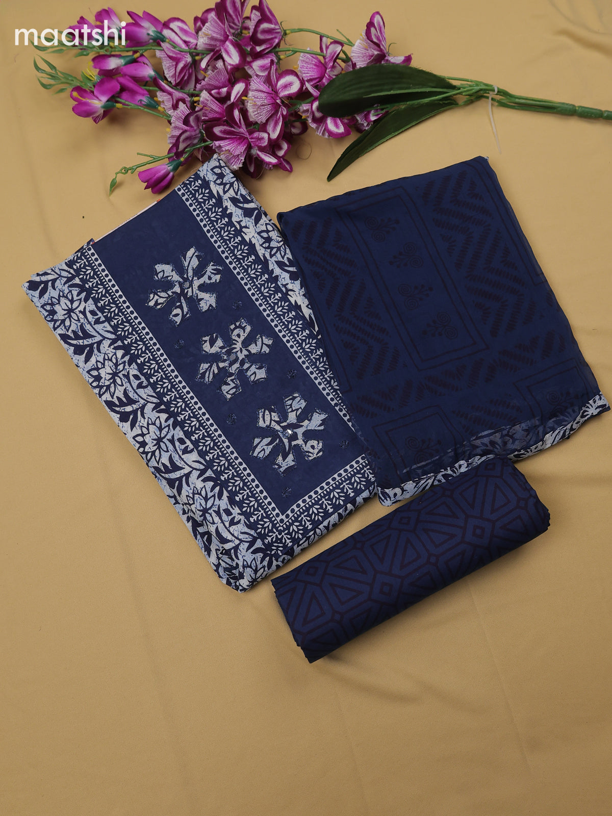 Navy Blue Cotton Dress Material With Batik Prints & Simple Embroidery Work Neck Pattern