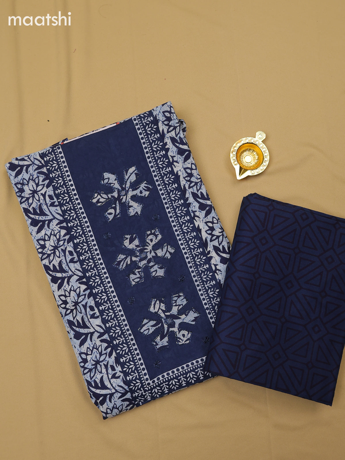 Navy Blue Cotton Dress Material With Batik Prints & Simple Embroidery Work Neck Pattern
