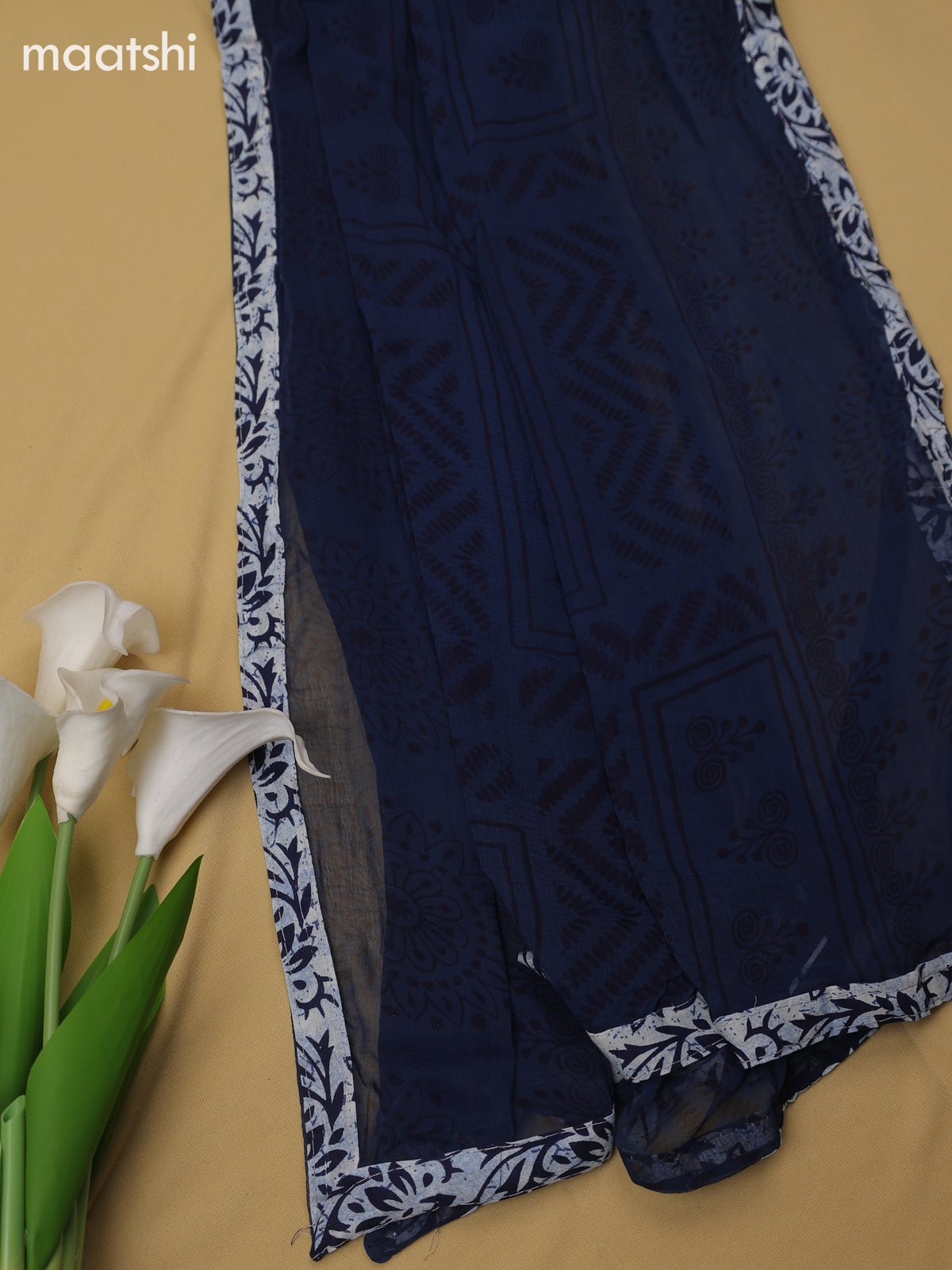 Navy Blue Cotton Dress Material With Batik Prints & Simple Embroidery Work Neck Pattern