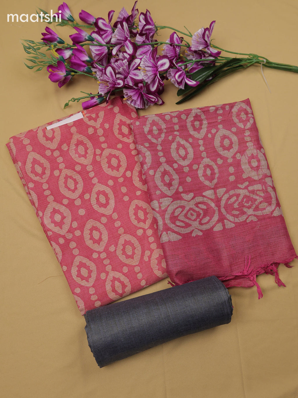 Pink Cotton Dress Material With Batik Prints & Simple Embroidery Work Neck Pattern