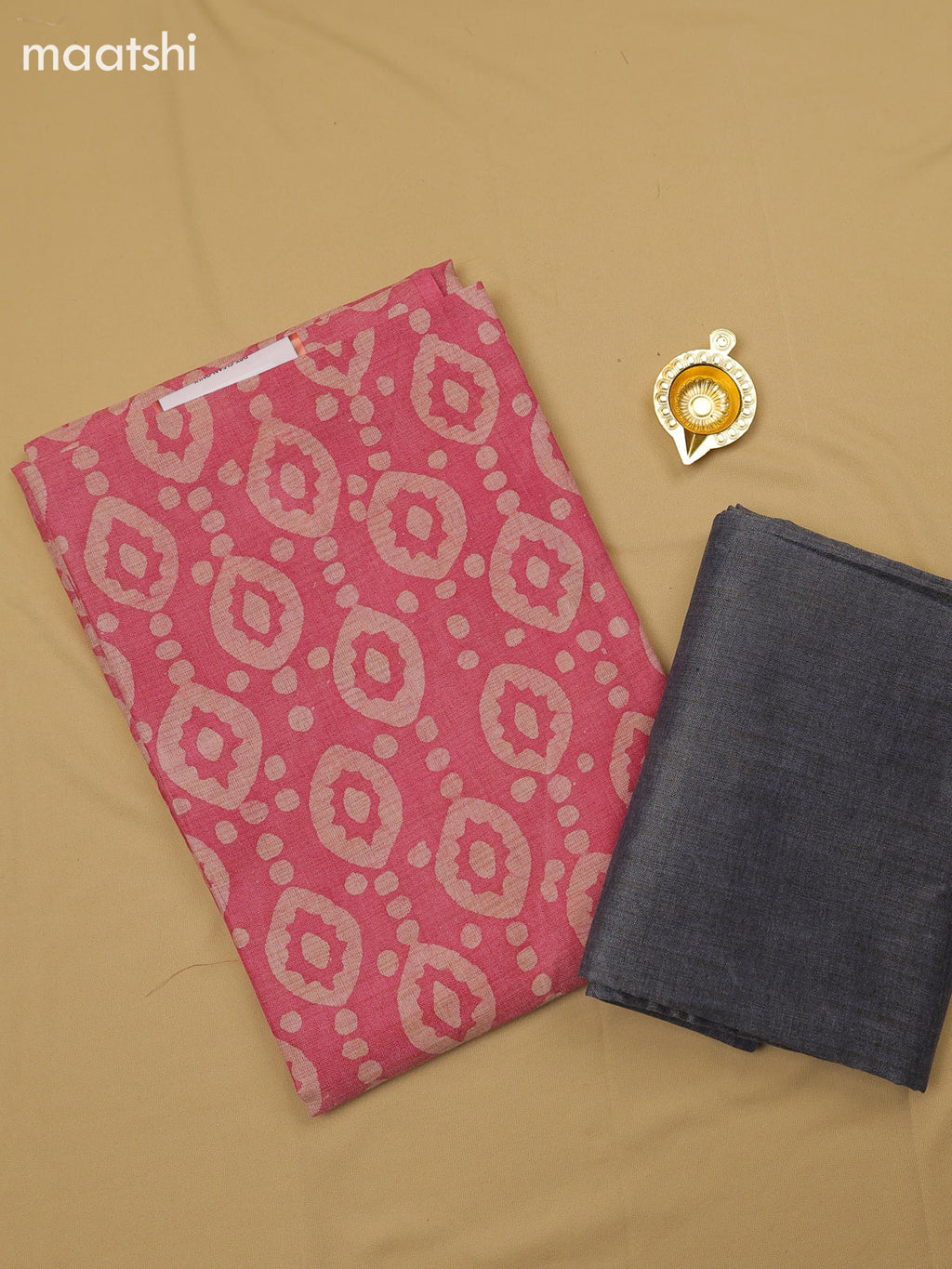 Pink Cotton Dress Material With Batik Prints & Simple Embroidery Work Neck Pattern