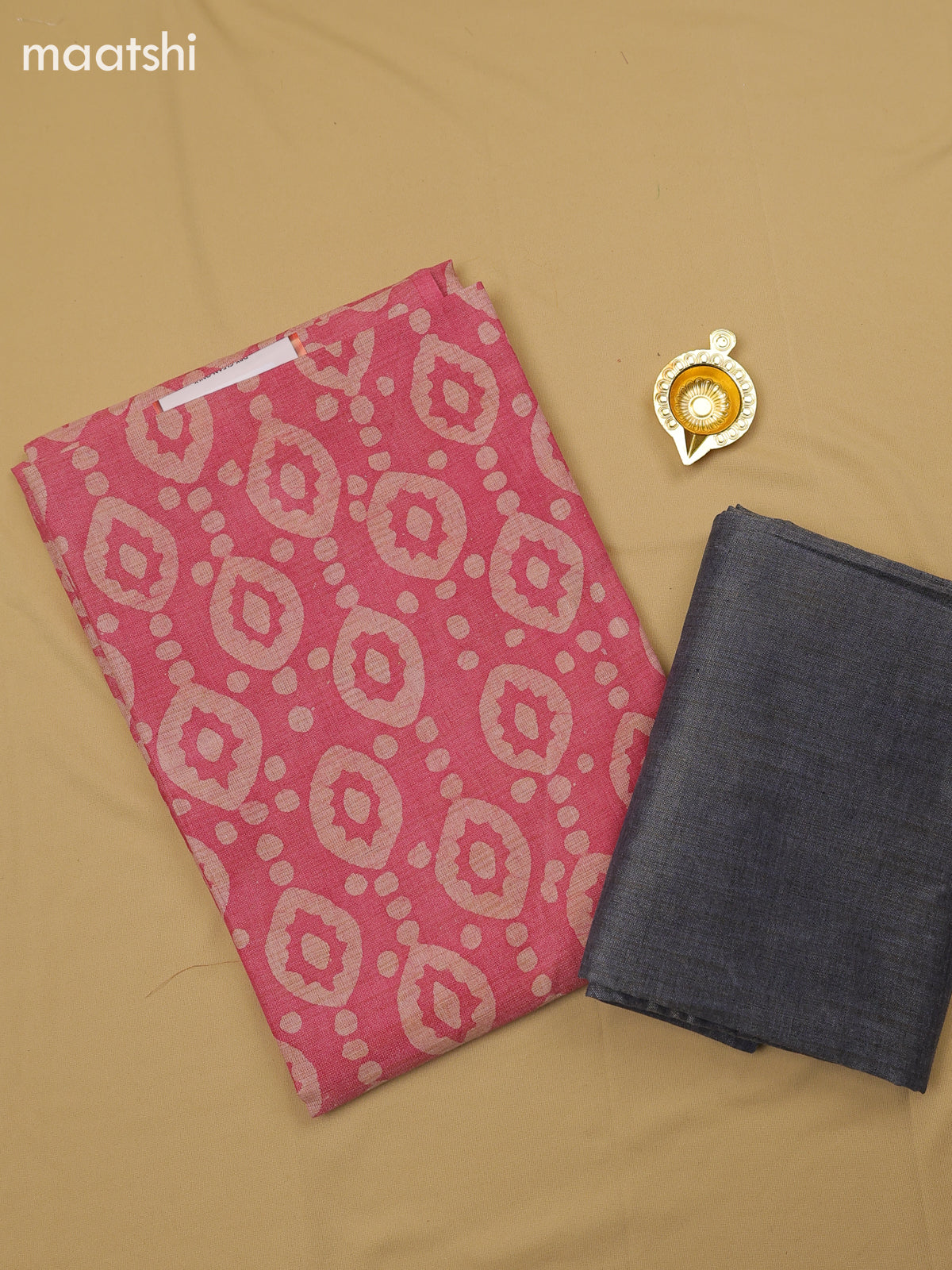 Pink Cotton Dress Material With Batik Prints & Simple Embroidery Work Neck Pattern