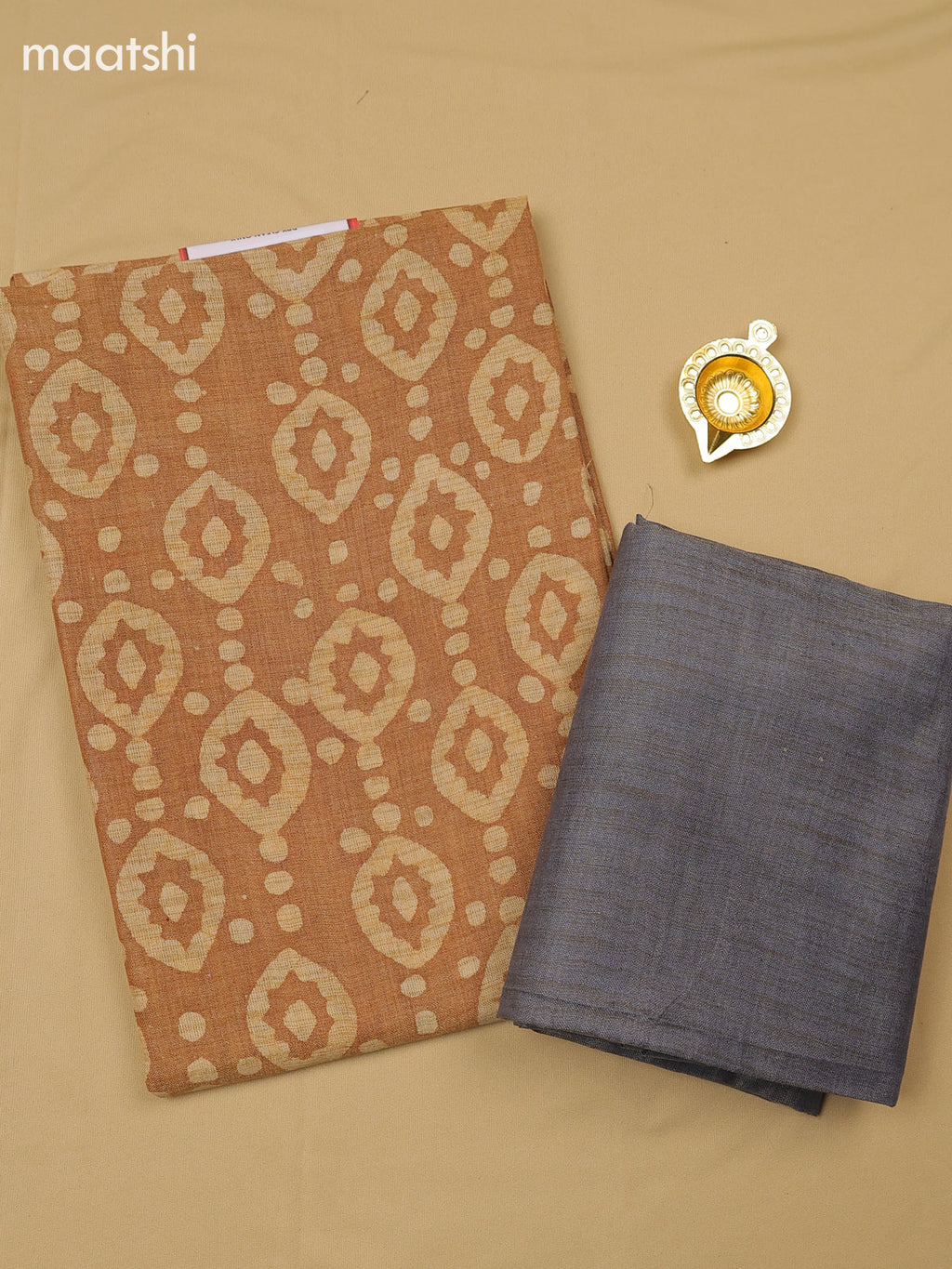 Pastel Brown Cotton Dress Material With Batik Prints & Simple Embroidery Work Neck Pattern
