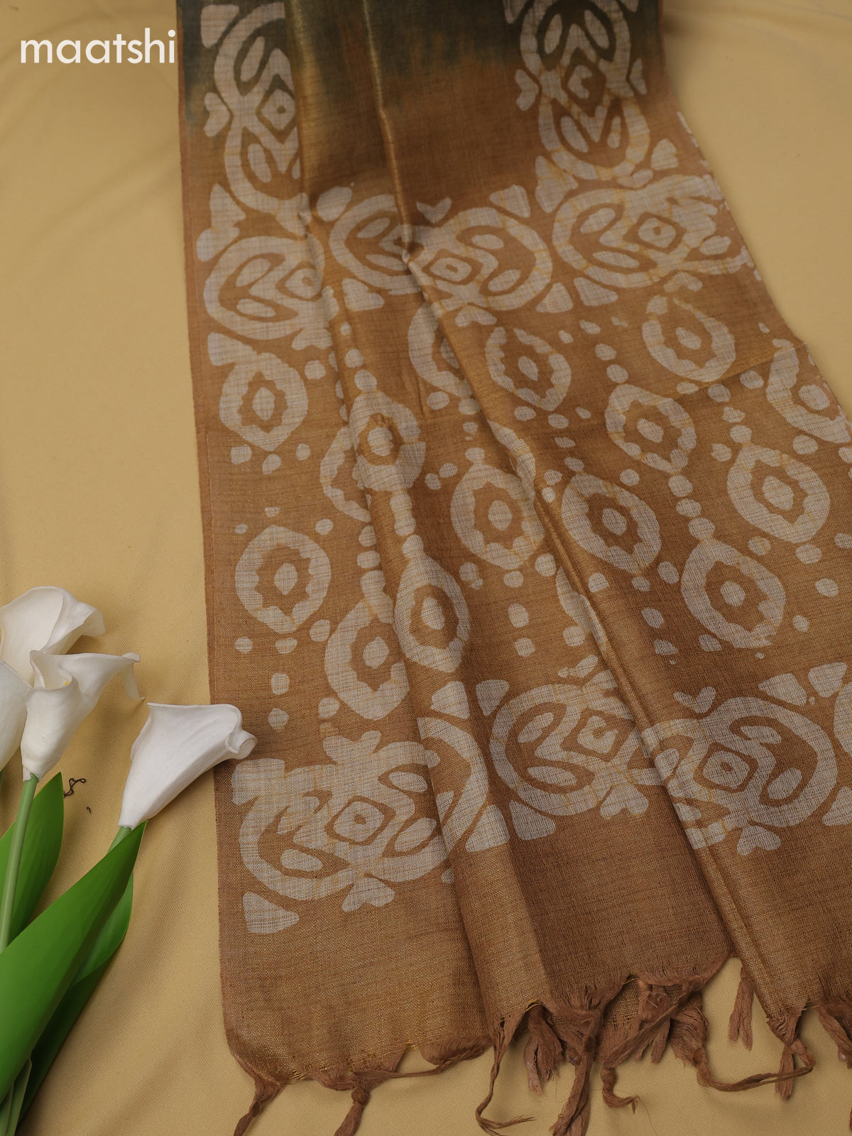 Pastel Brown Cotton Dress Material With Batik Prints & Simple Embroidery Work Neck Pattern