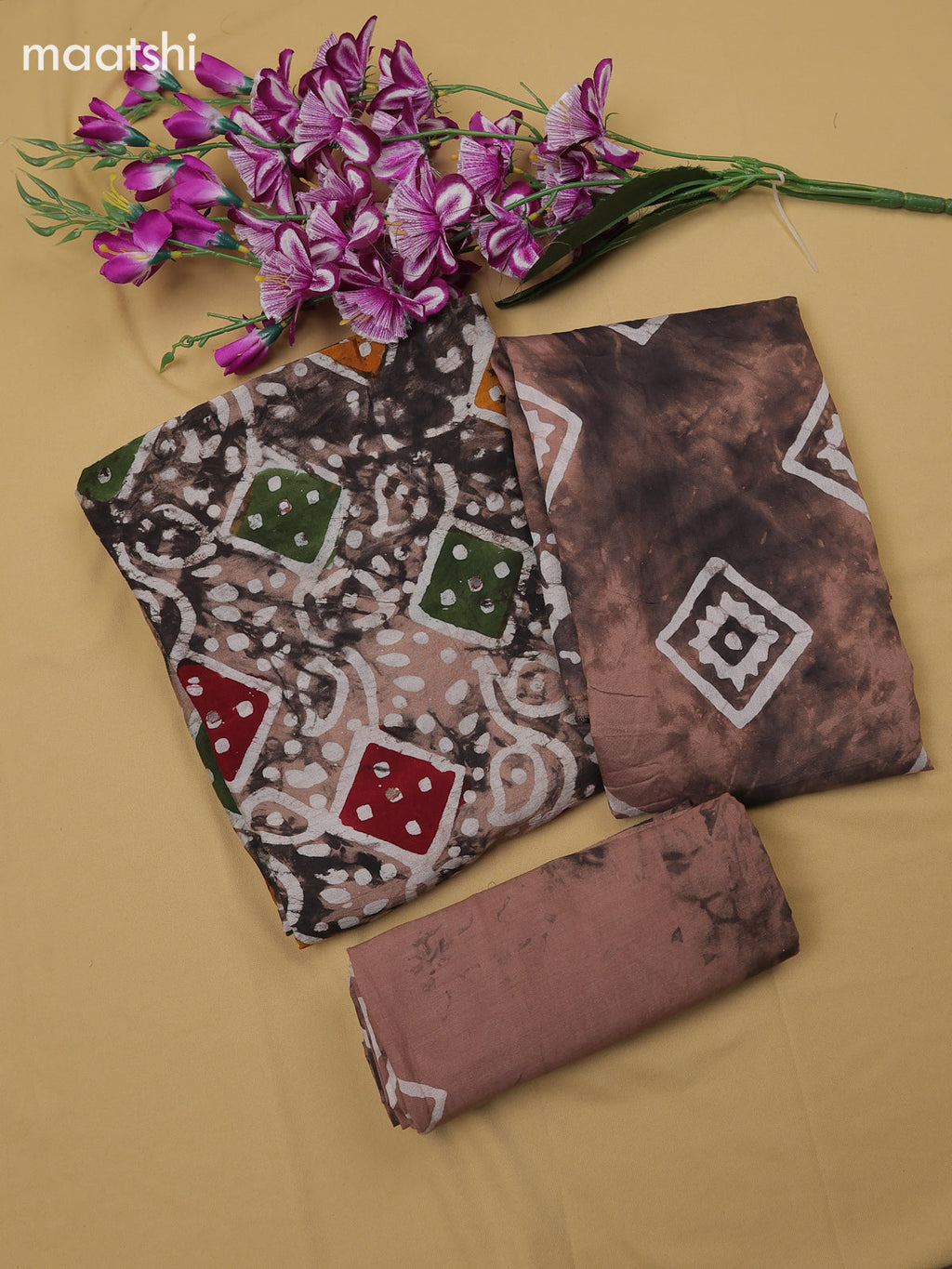 Pastel Brown Cotton Dress Material With Batik Prints & Simple Embroidery Work Neck Pattern