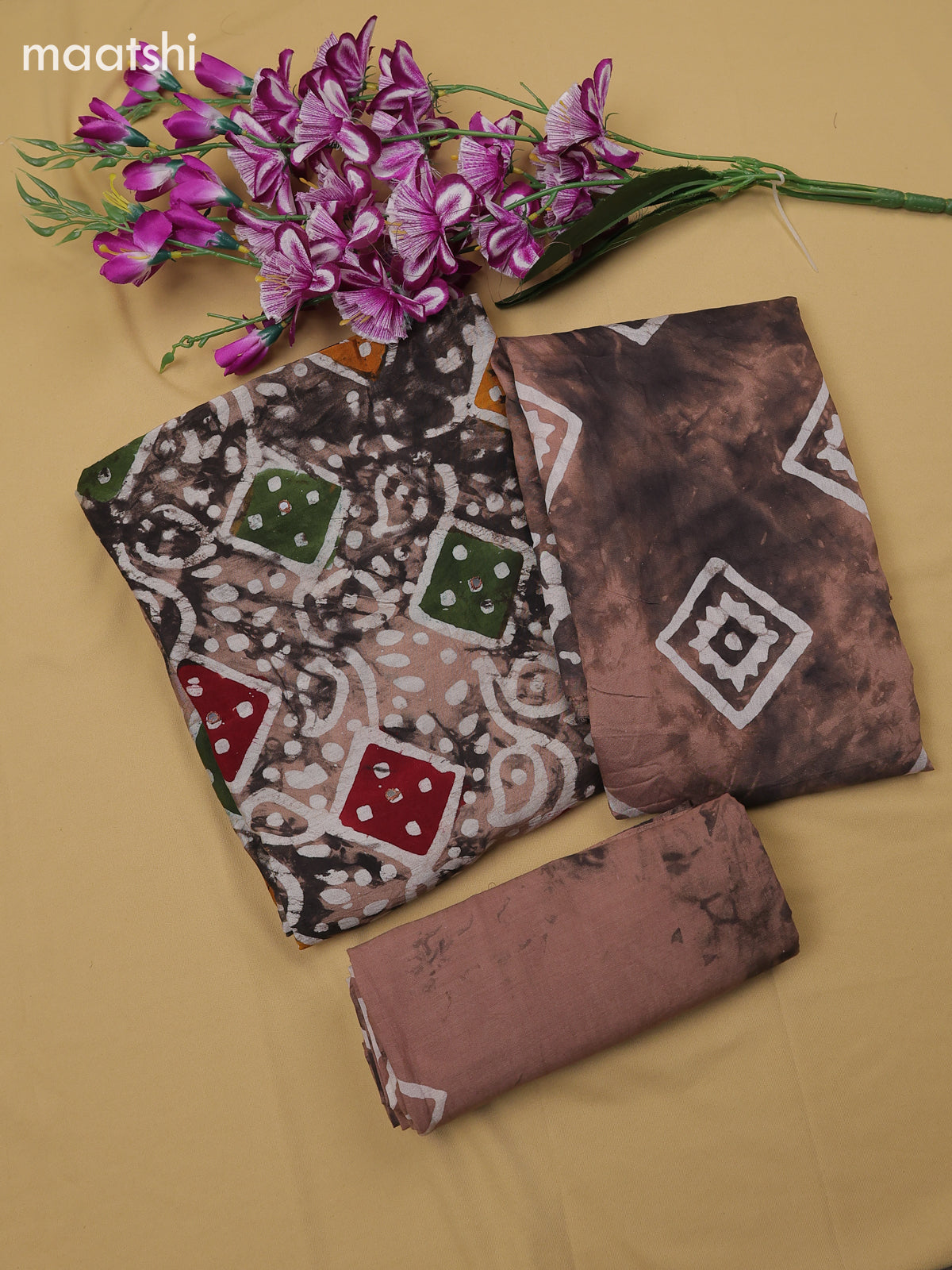 Pastel Brown Cotton Dress Material With Batik Prints & Simple Embroidery Work Neck Pattern