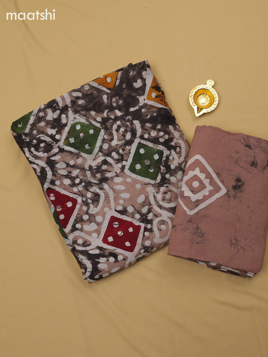 Pastel Brown Cotton Dress Material With Batik Prints & Simple Embroidery Work Neck Pattern