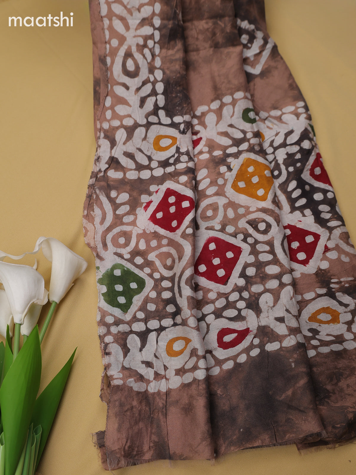Pastel Brown Cotton Dress Material With Batik Prints & Simple Embroidery Work Neck Pattern