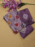 Pastel Purple Cotton Dress Material With Batik Prints & Simple Embroidery Work Neck Pattern