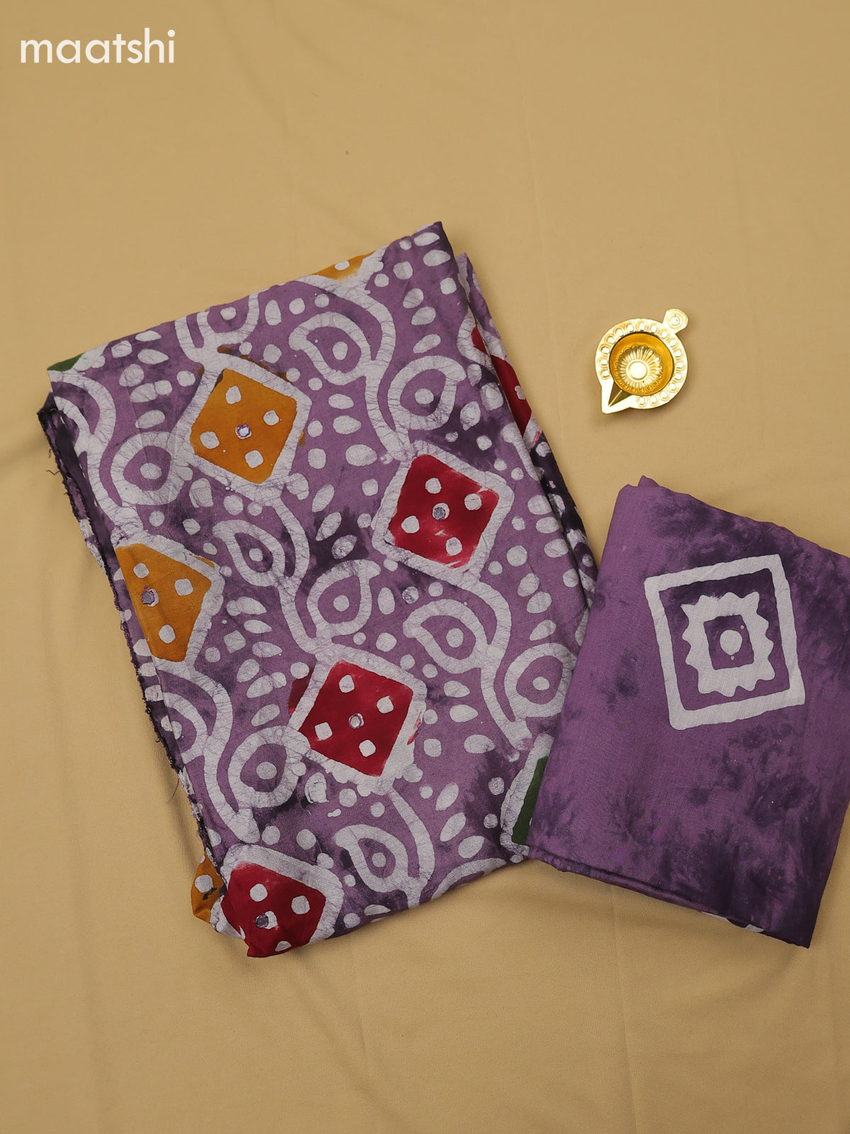 Pastel Purple Cotton Dress Material With Batik Prints & Simple Embroidery Work Neck Pattern