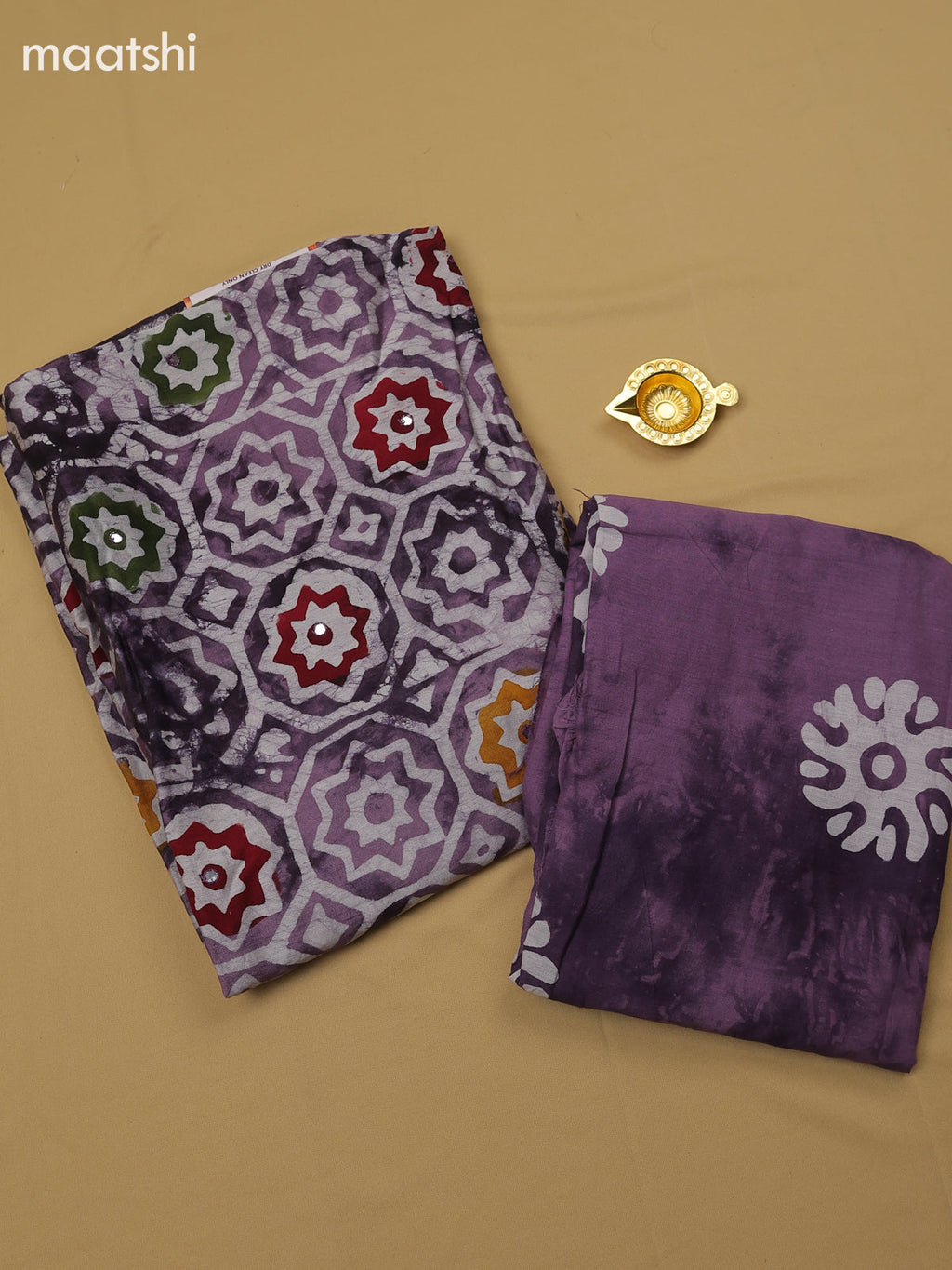 Pastel Purple Cotton Dress Material With Batik Prints & Simple Embroidery Work Neck Pattern