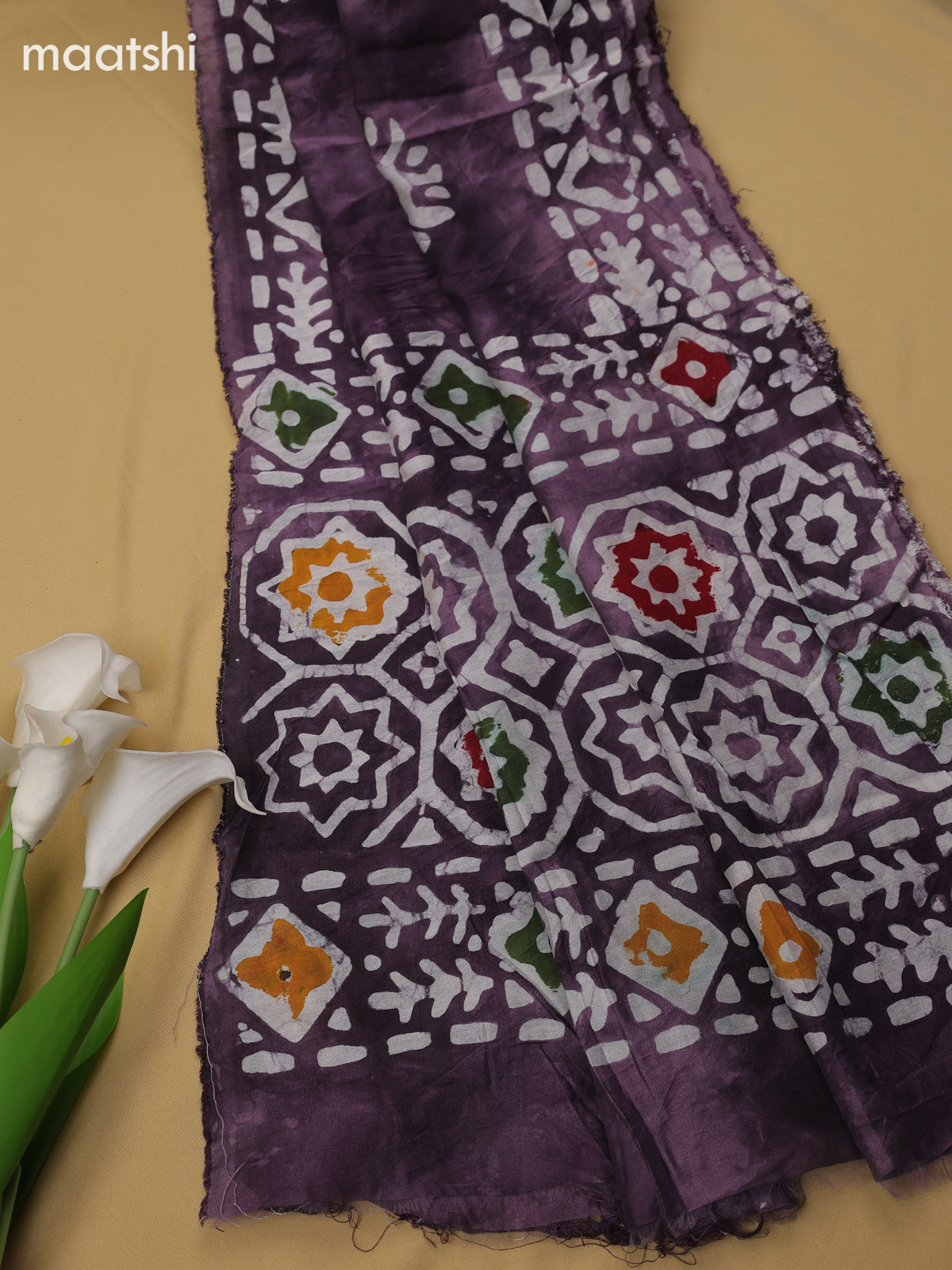 Pastel Purple Cotton Dress Material With Batik Prints & Simple Embroidery Work Neck Pattern