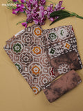 Off White and Pastel Brown Cotton Dress Material With Batik Prints & Simple Embroidery Work Neck Pattern