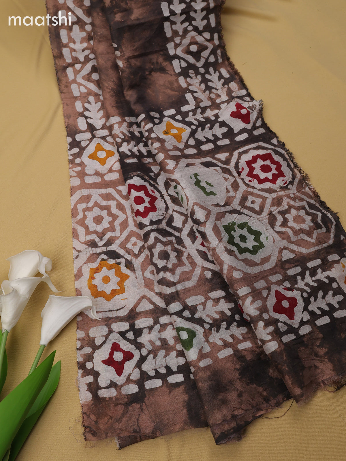 Off White and Pastel Brown Cotton Dress Material With Batik Prints & Simple Embroidery Work Neck Pattern