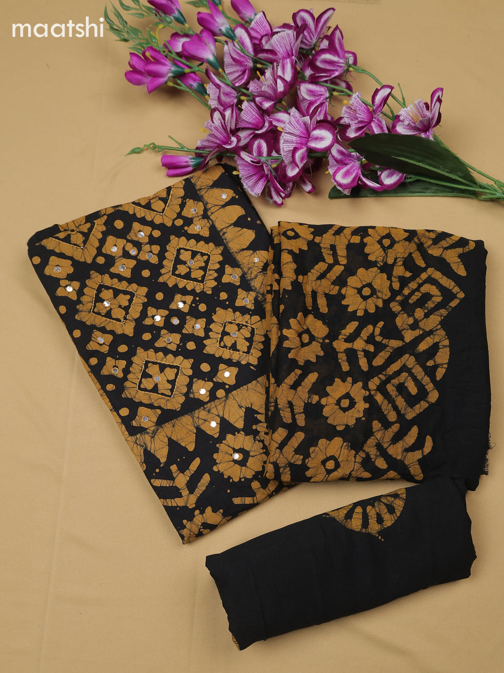 Mustard Yellow and Black Cotton Dress Material With Batik Prints & Simple Embroidery Work Neck Pattern