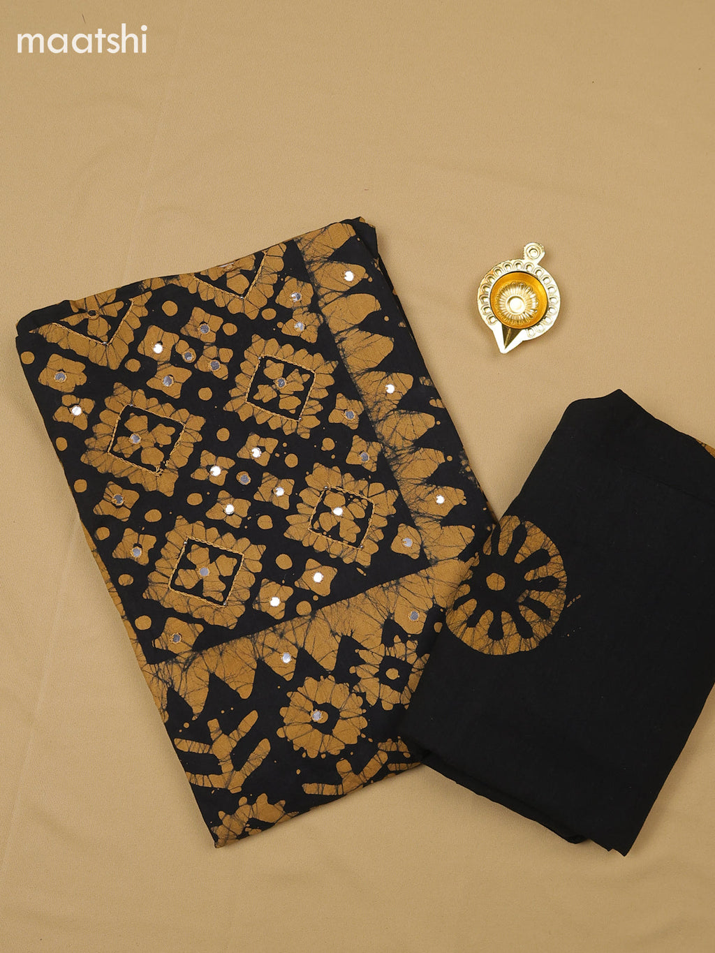 Mustard Yellow and Black Cotton Dress Material With Batik Prints & Simple Embroidery Work Neck Pattern