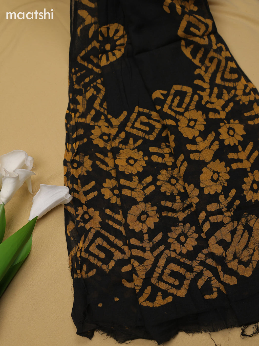 Mustard Yellow and Black Cotton Dress Material With Batik Prints & Simple Embroidery Work Neck Pattern