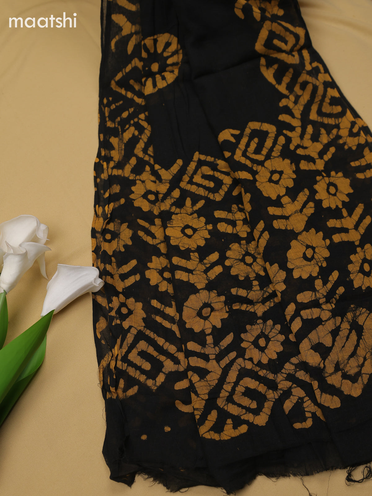 Mustard Yellow and Black Cotton Dress Material With Batik Prints & Simple Embroidery Work Neck Pattern