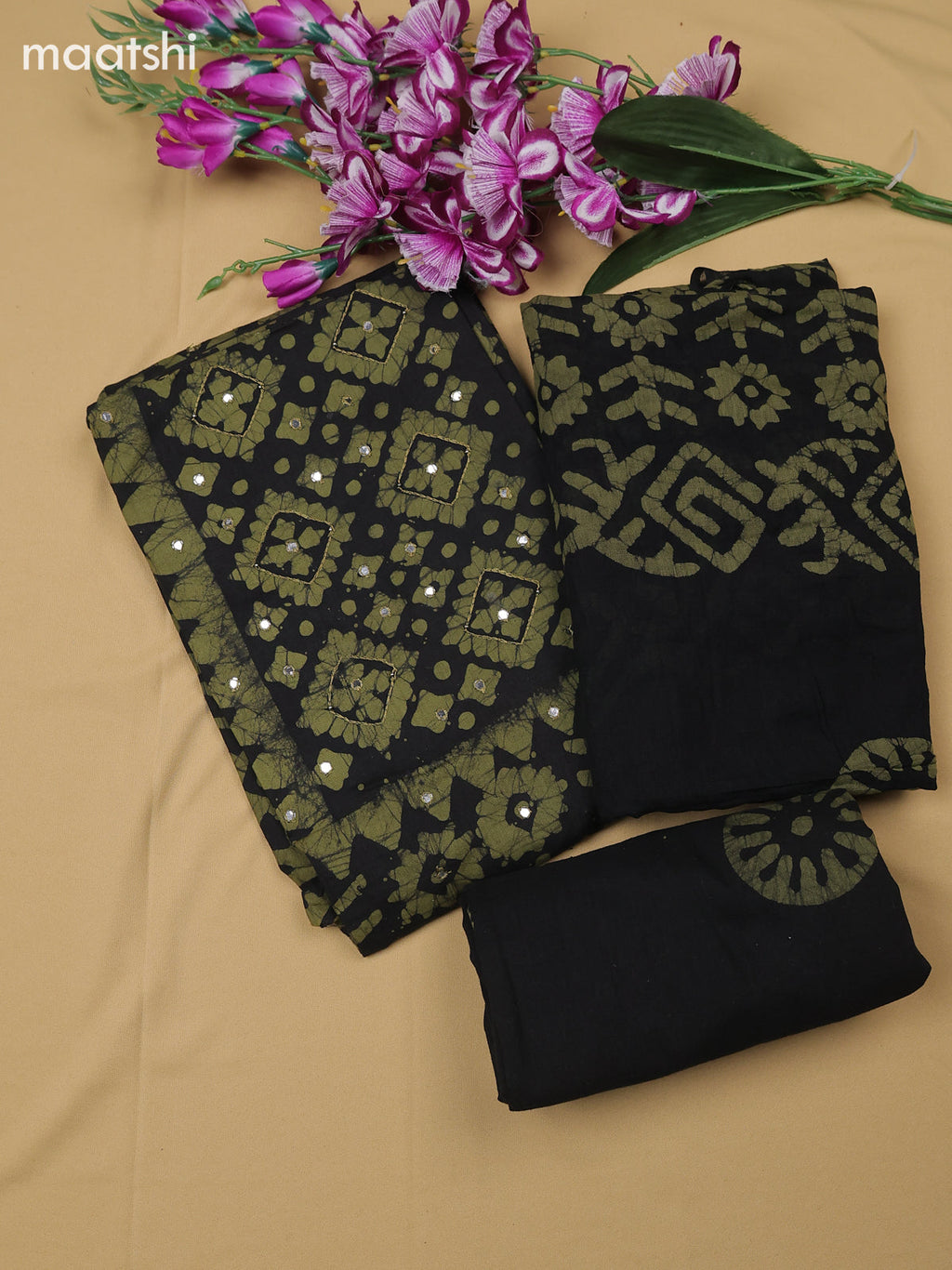 Green and Black Cotton Dress Material With Batik Prints & Simple Embroidery Work Neck Pattern