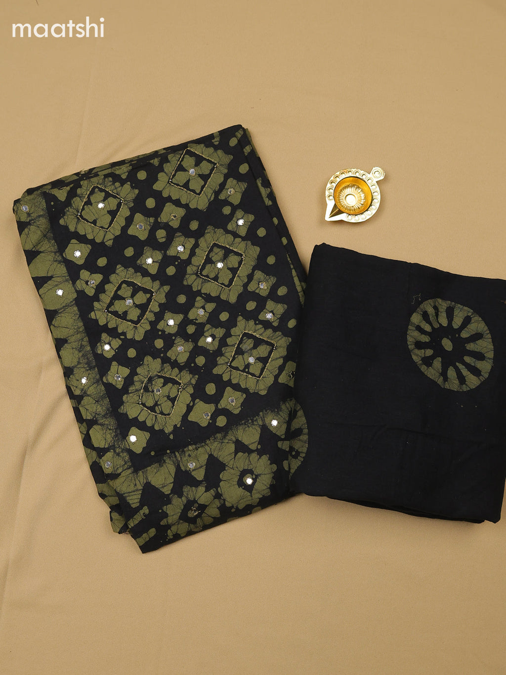 Green and Black Cotton Dress Material With Batik Prints & Simple Embroidery Work Neck Pattern